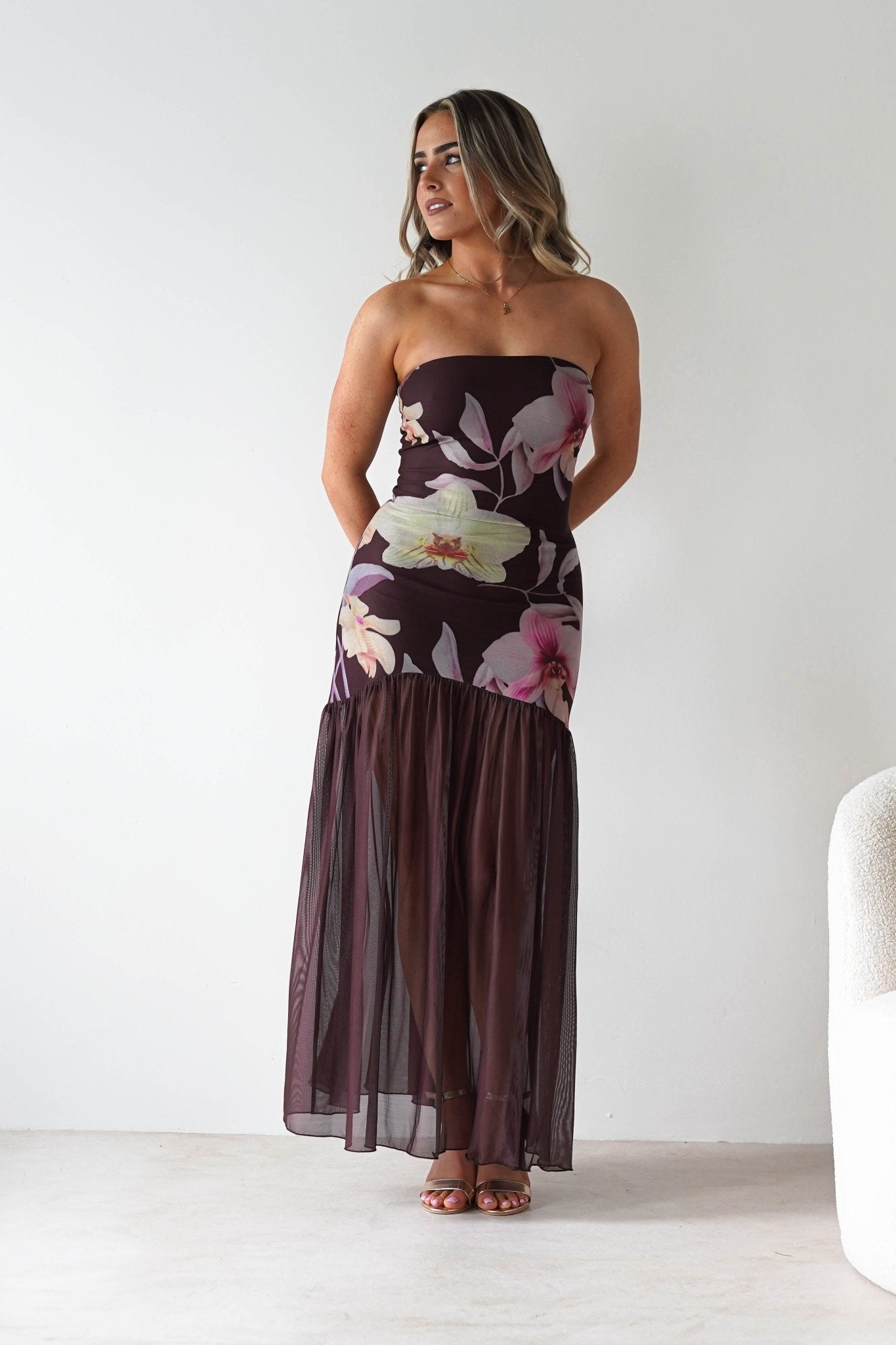 Khalani Strapless Midaxi Dress | Brown Floral | Oh Hello Clothing | XS (6)