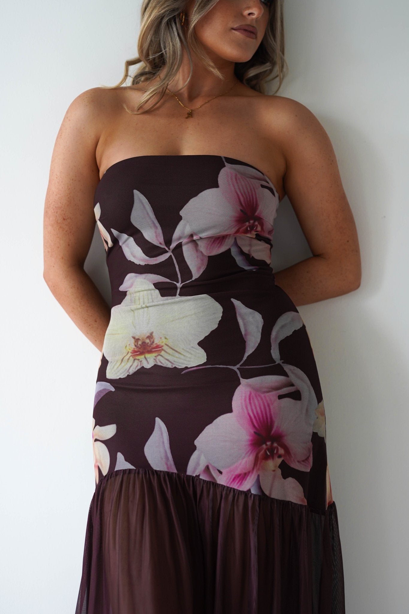 Khalani Strapless Midaxi Dress | Brown Floral | Oh Hello Clothing | XS (6)
