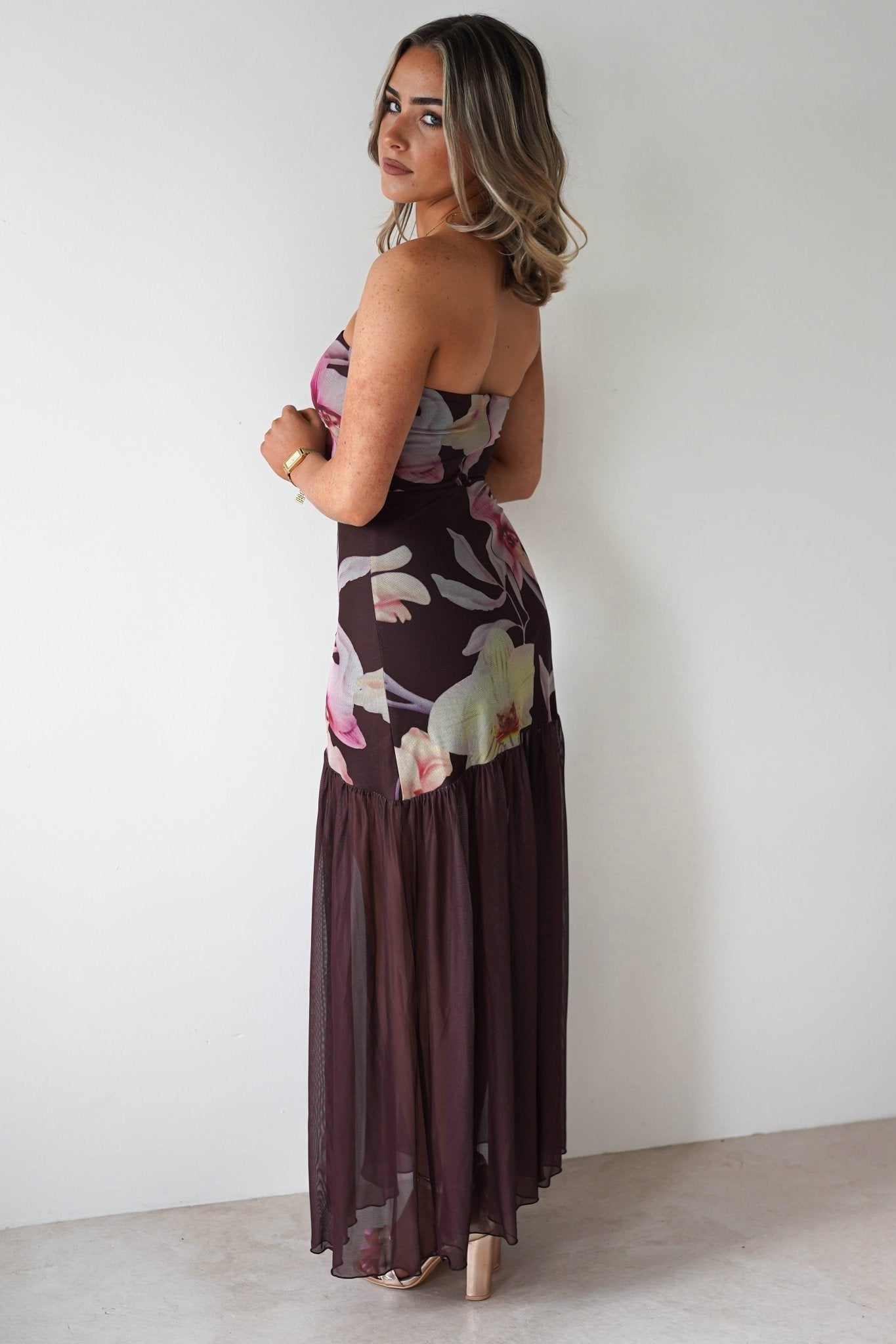Khalani Strapless Midaxi Dress | Brown Floral | Oh Hello Clothing | XS (6)