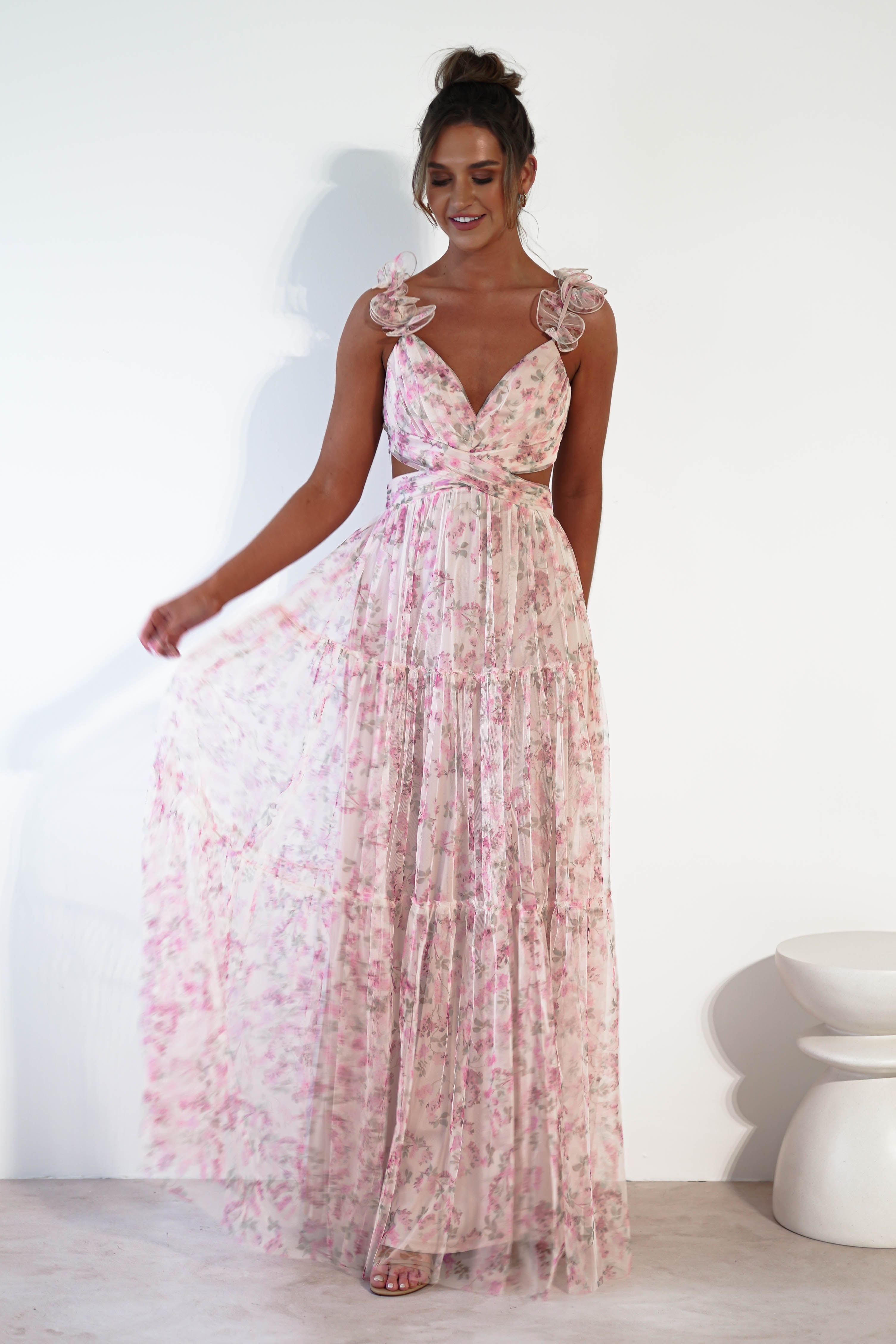 Khristina Floral Tulle Maxi Dress | Cream