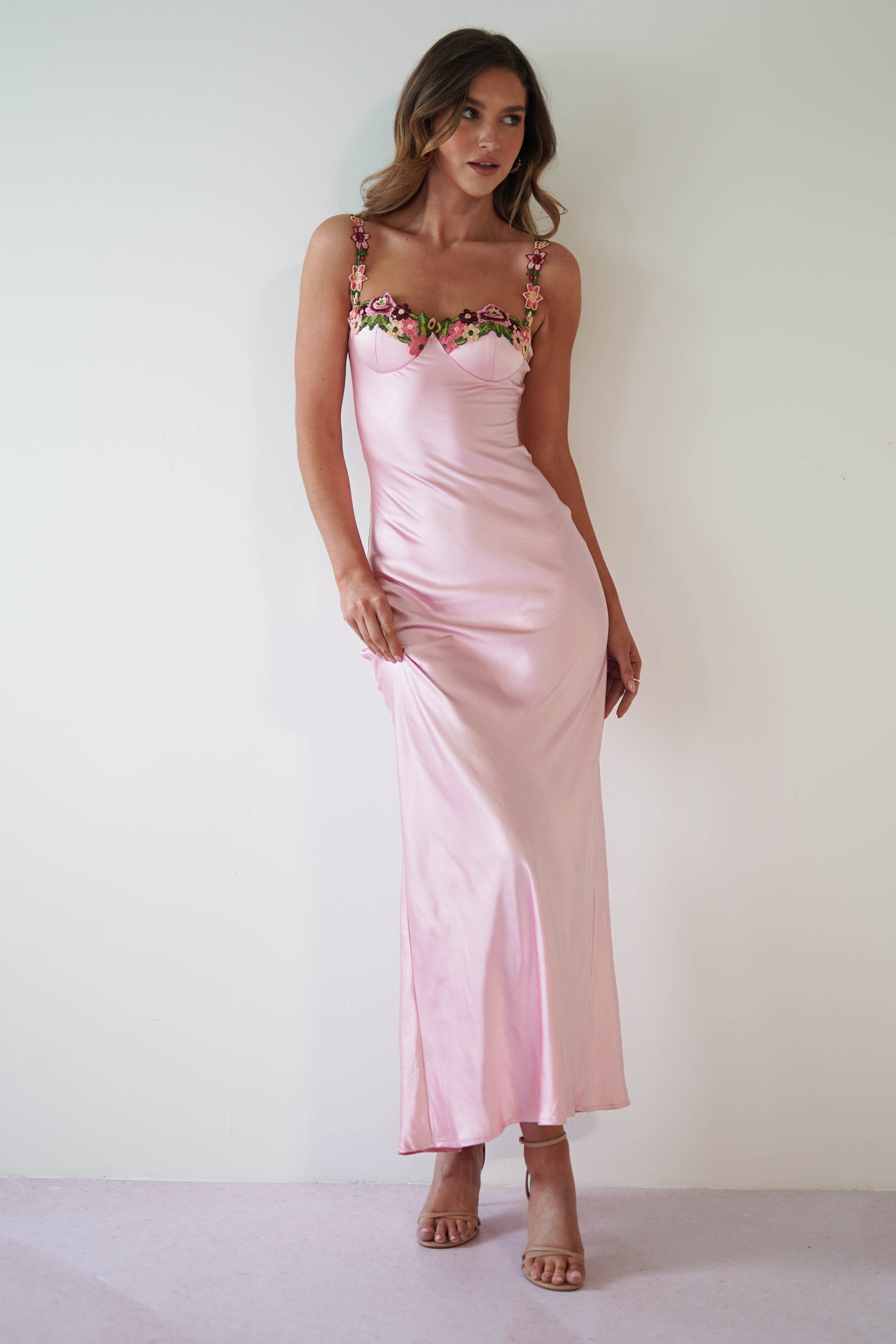 Klabelle Soft Satin Maxi Dress | Pink