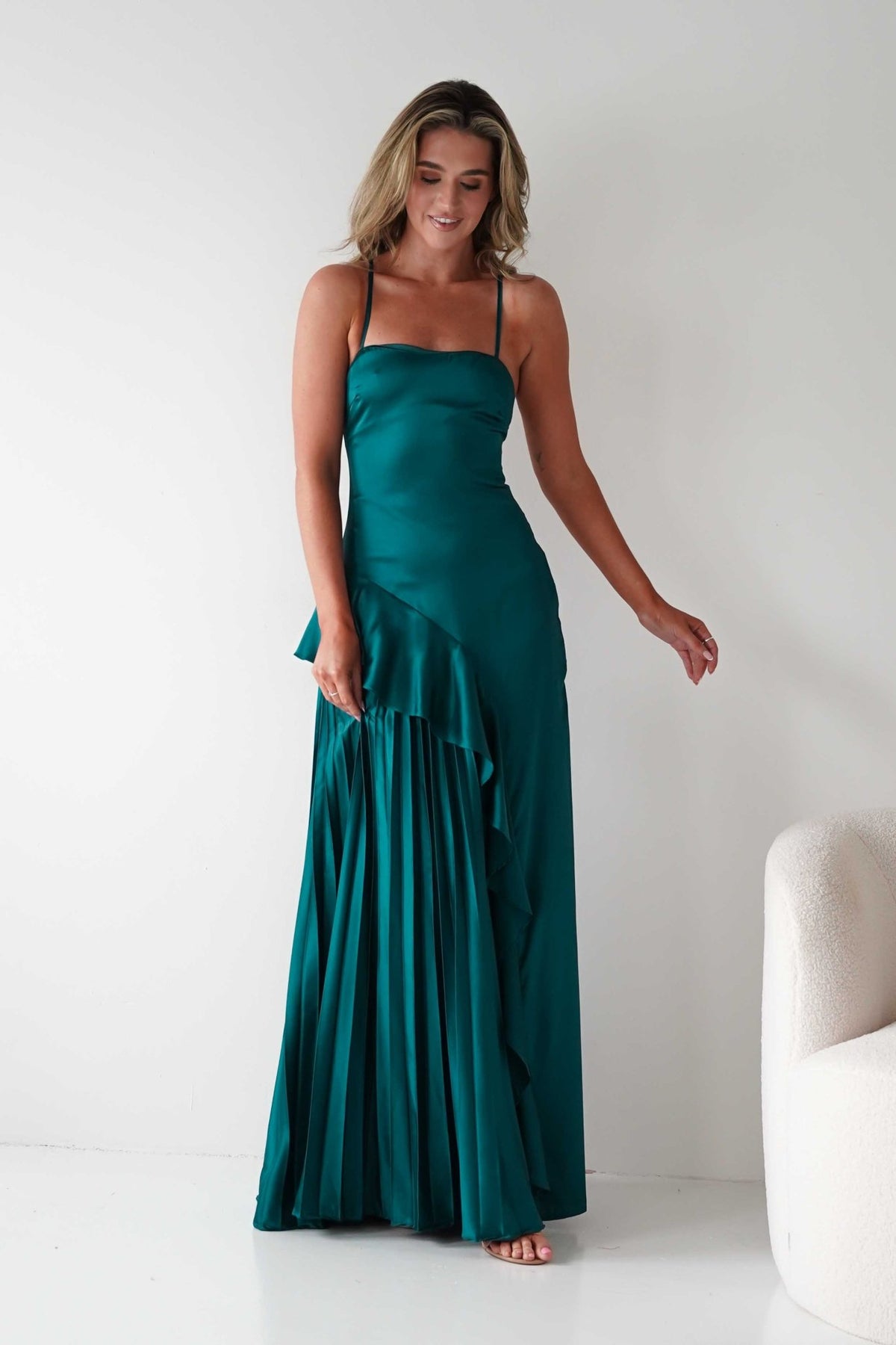 Krishna Satin Pleated Maxi Dresses | Emerald Green | Formal Oh Hello Clothing Krishna Satin Pleated Maxi Dresses | Emerald Green | Formal Oh Hello Clothing