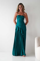 Krishna Satin Pleated Maxi Dresses | Emerald Green | Formal | Oh Hello Clothing