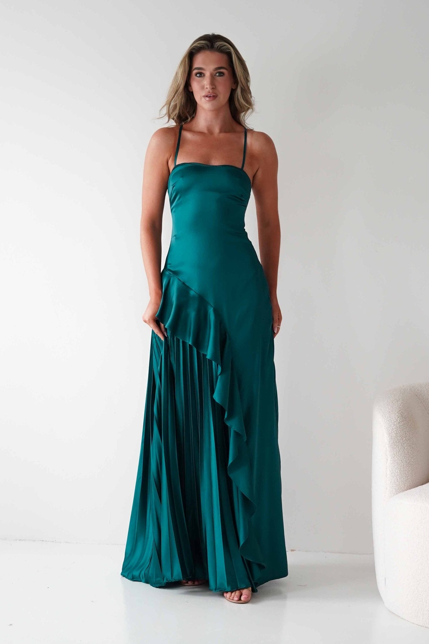 Krishna Satin Pleated Maxi Dresses | Emerald Green | Formal | Oh Hello Clothing
