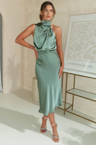 Layla Satin Print High Neck Midi Dress | Olive | Oh Hello Clothing