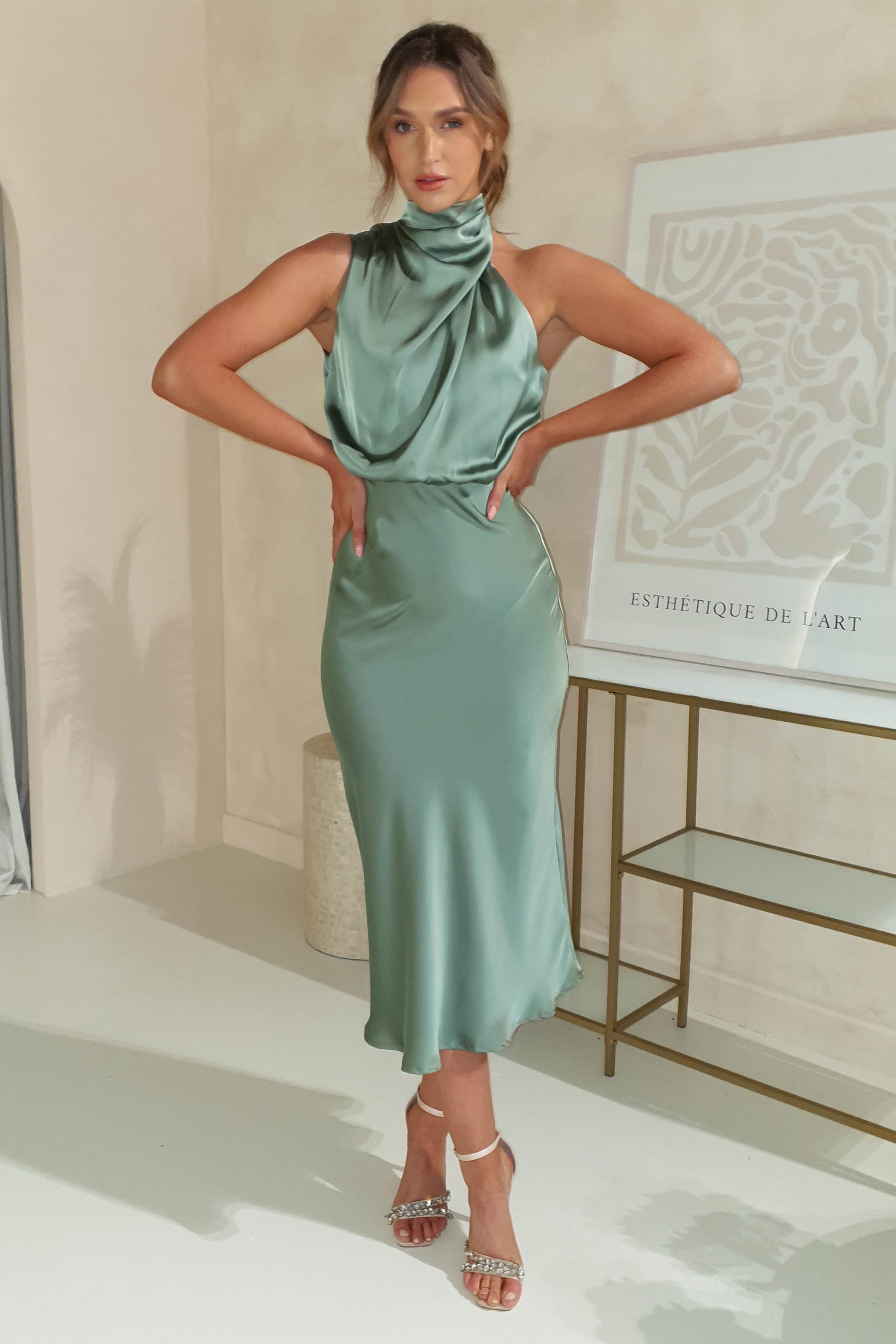 Layla Satin Print High Neck Midi Dress | Olive