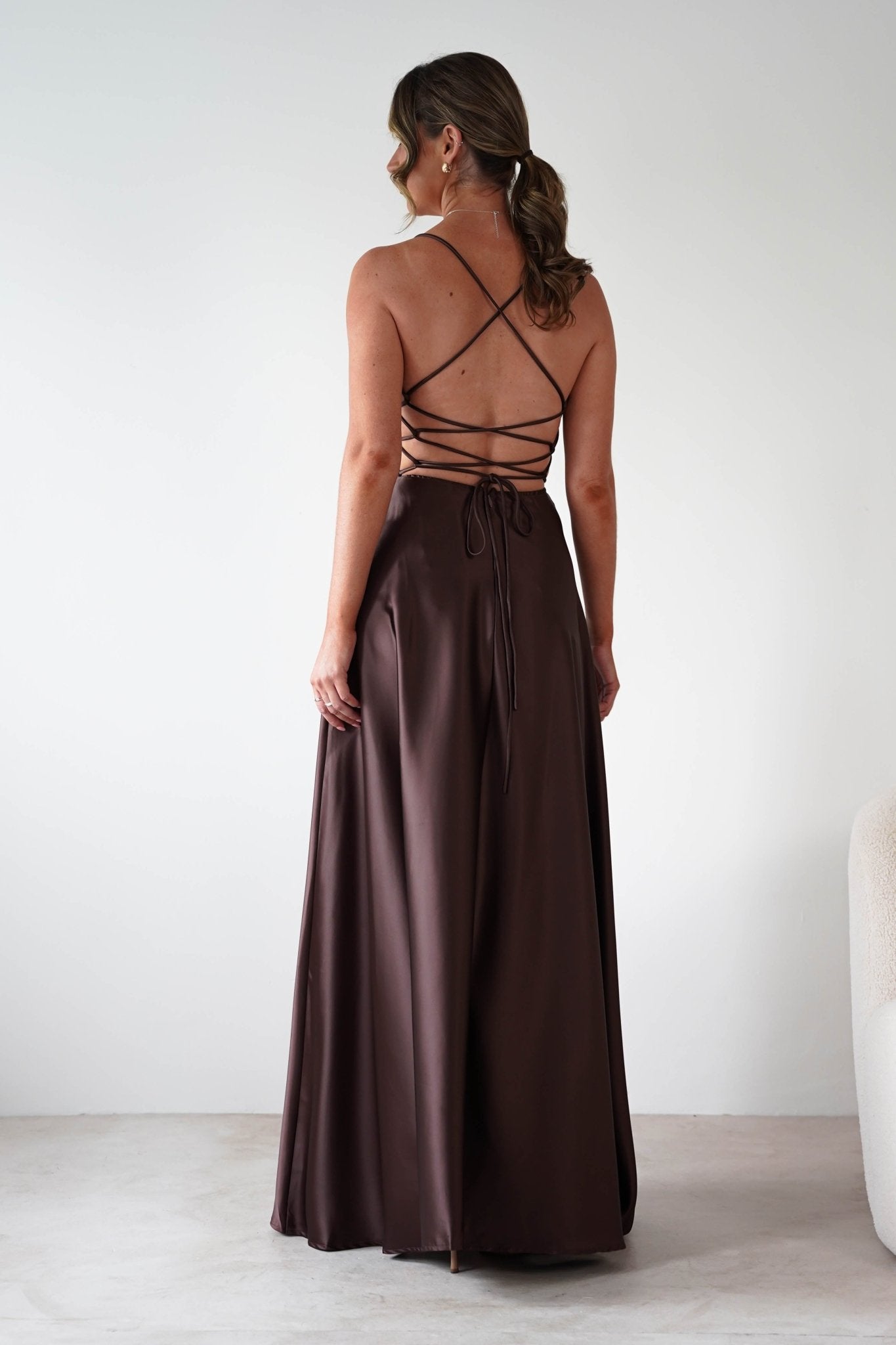 Leelie Silky Satin Maxi Gown | Brown | Oh Hello Clothing | S (8)