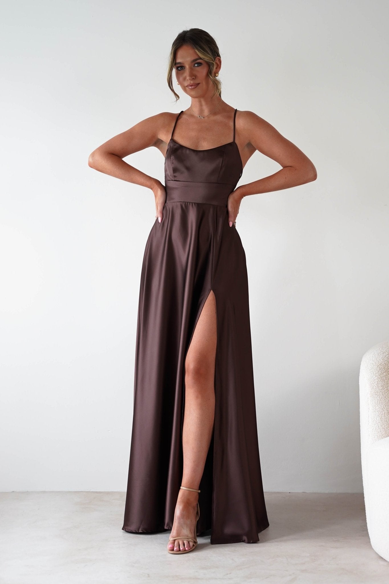 Leelie Silky Satin Maxi Gown | Brown | Oh Hello Clothing | S (8)