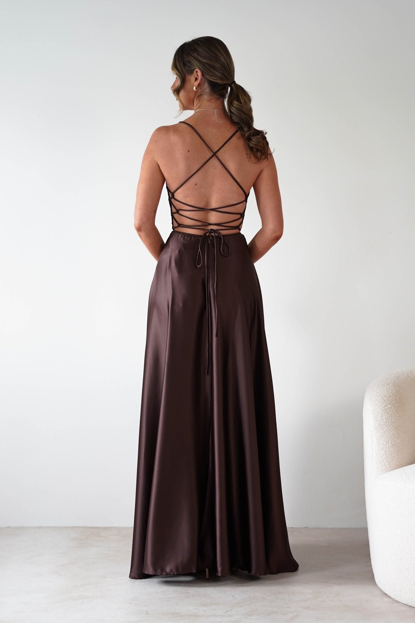 Leelie Silky Satin Maxi Gown | Brown | Oh Hello Clothing | S (8)