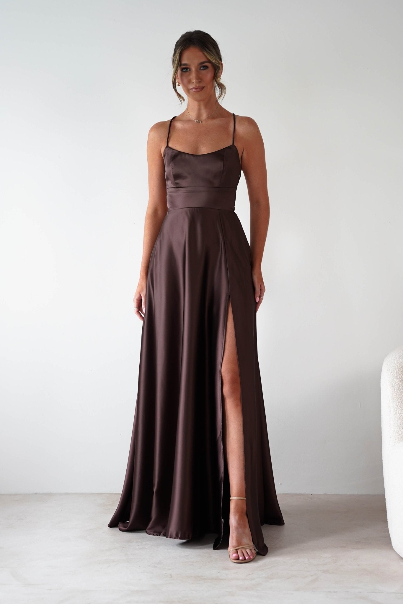 Leelie Silky Satin Maxi Gown | Brown | Oh Hello Clothing | S (8)