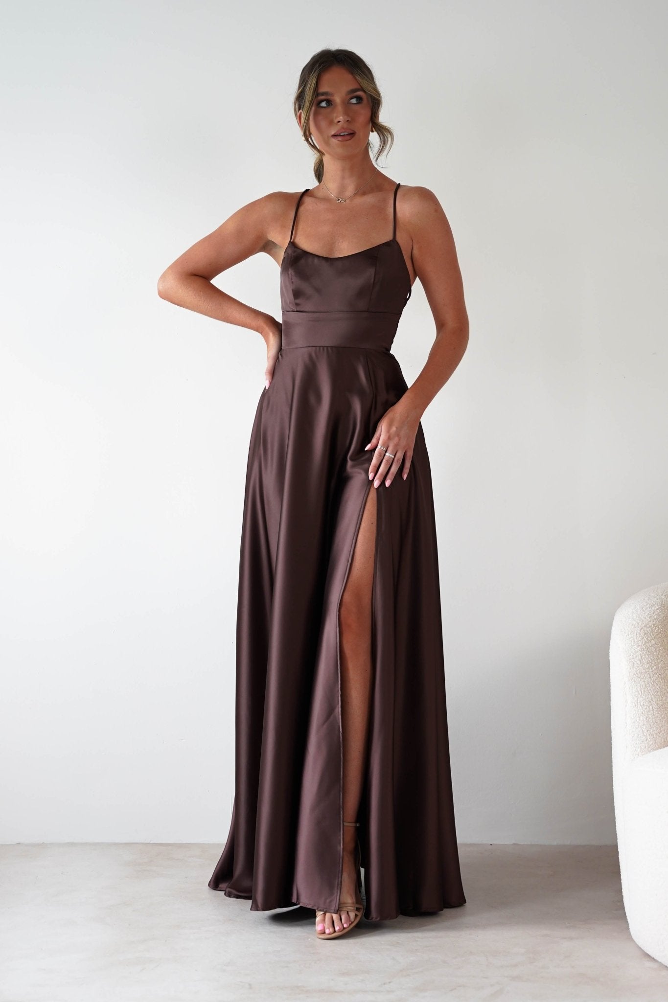 Leelie Silky Satin Maxi Gown | Brown | Oh Hello Clothing | S (8)
