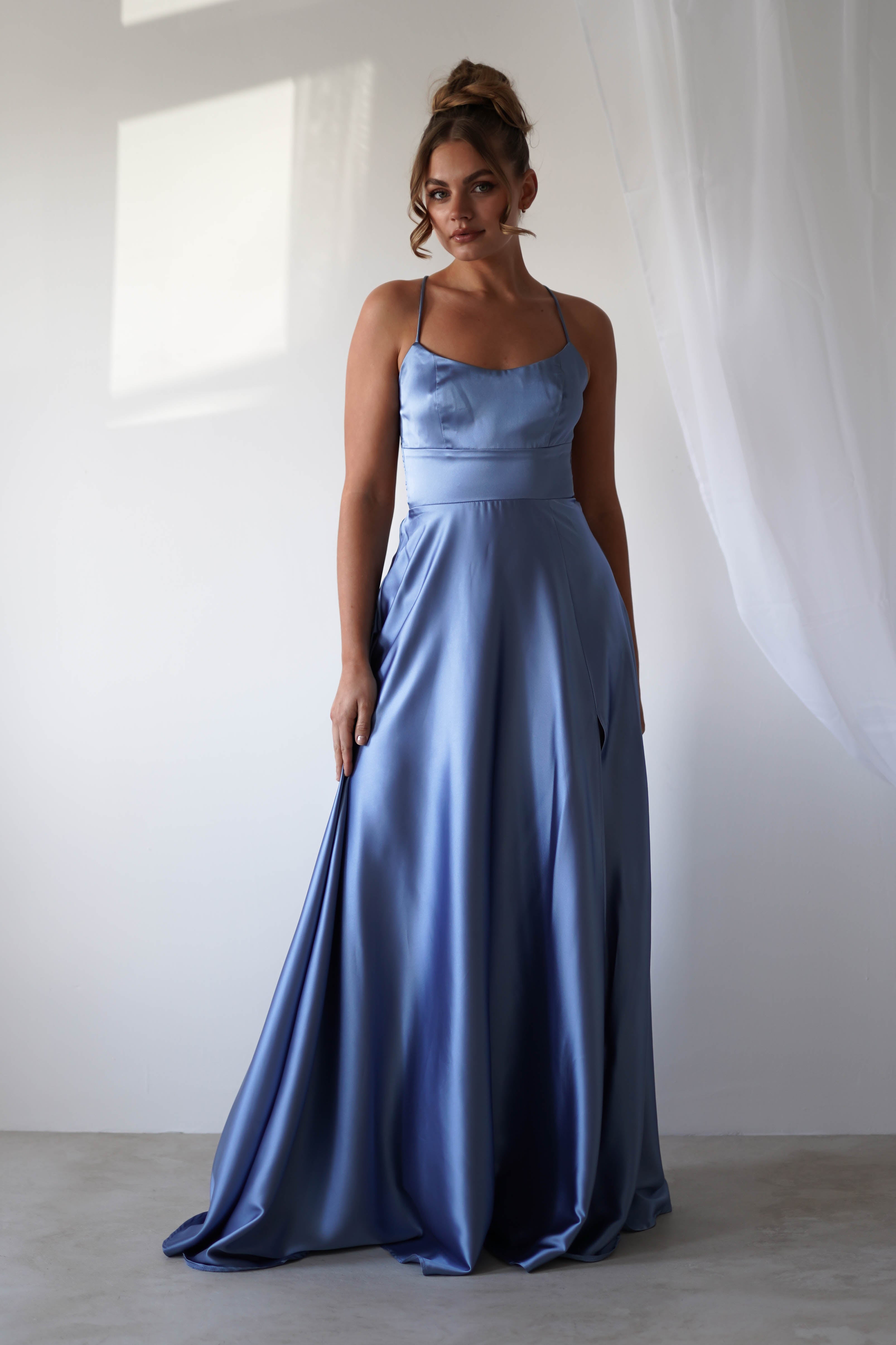 Leelie Silky Satin Maxi Gown | Slate Blue