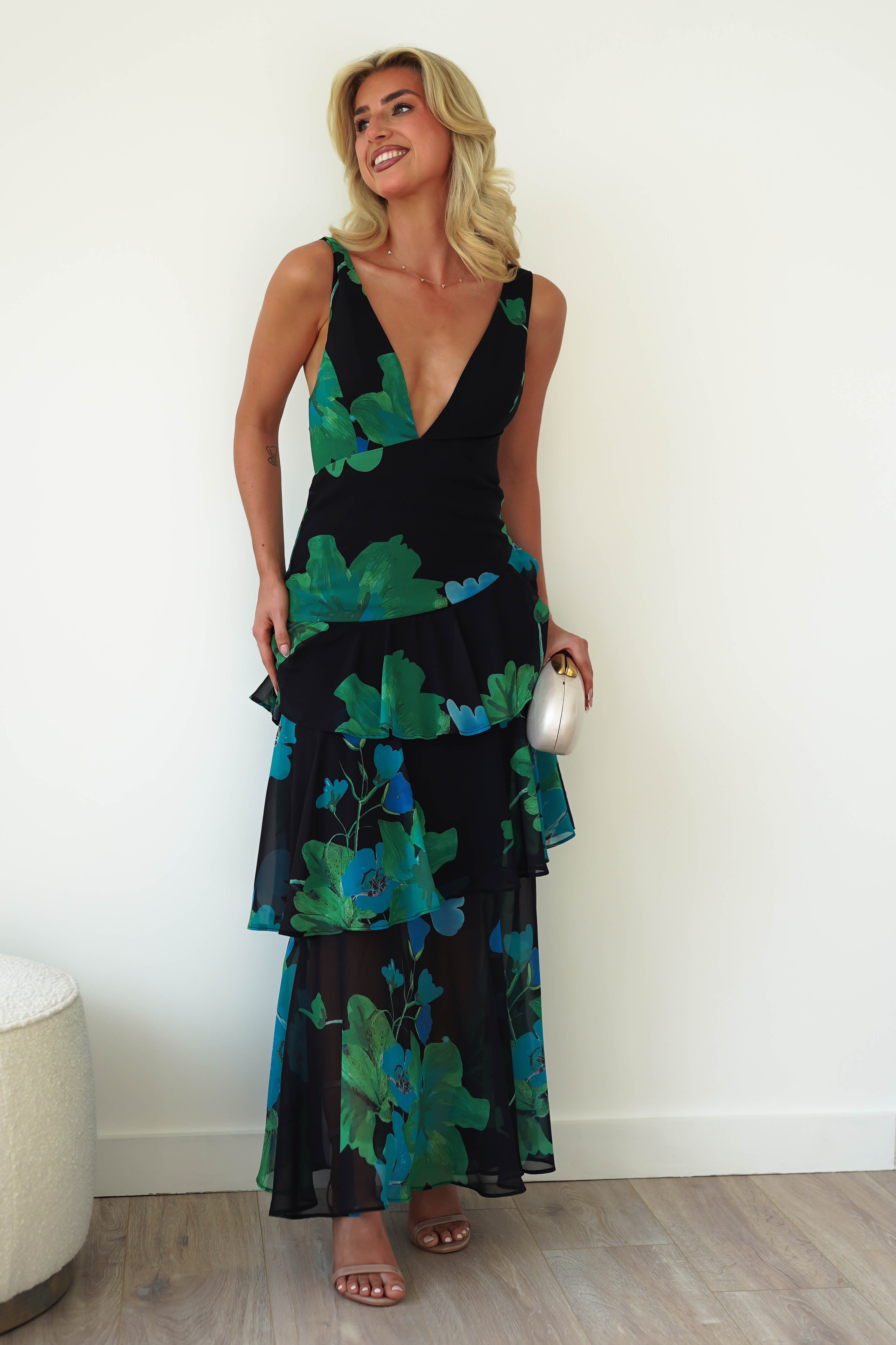 Lenora Floral Print Maxi Dress | Black Print