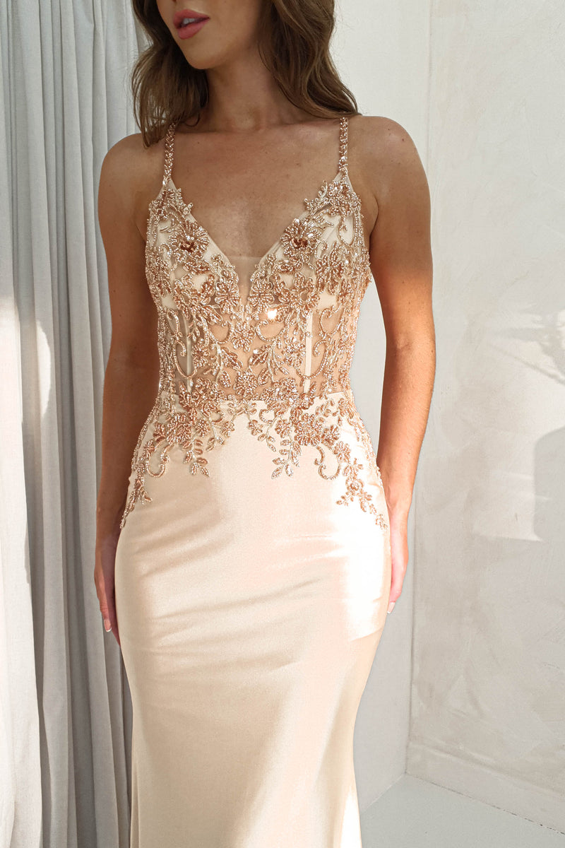Leova Embellished Bodycon Gown | Gold