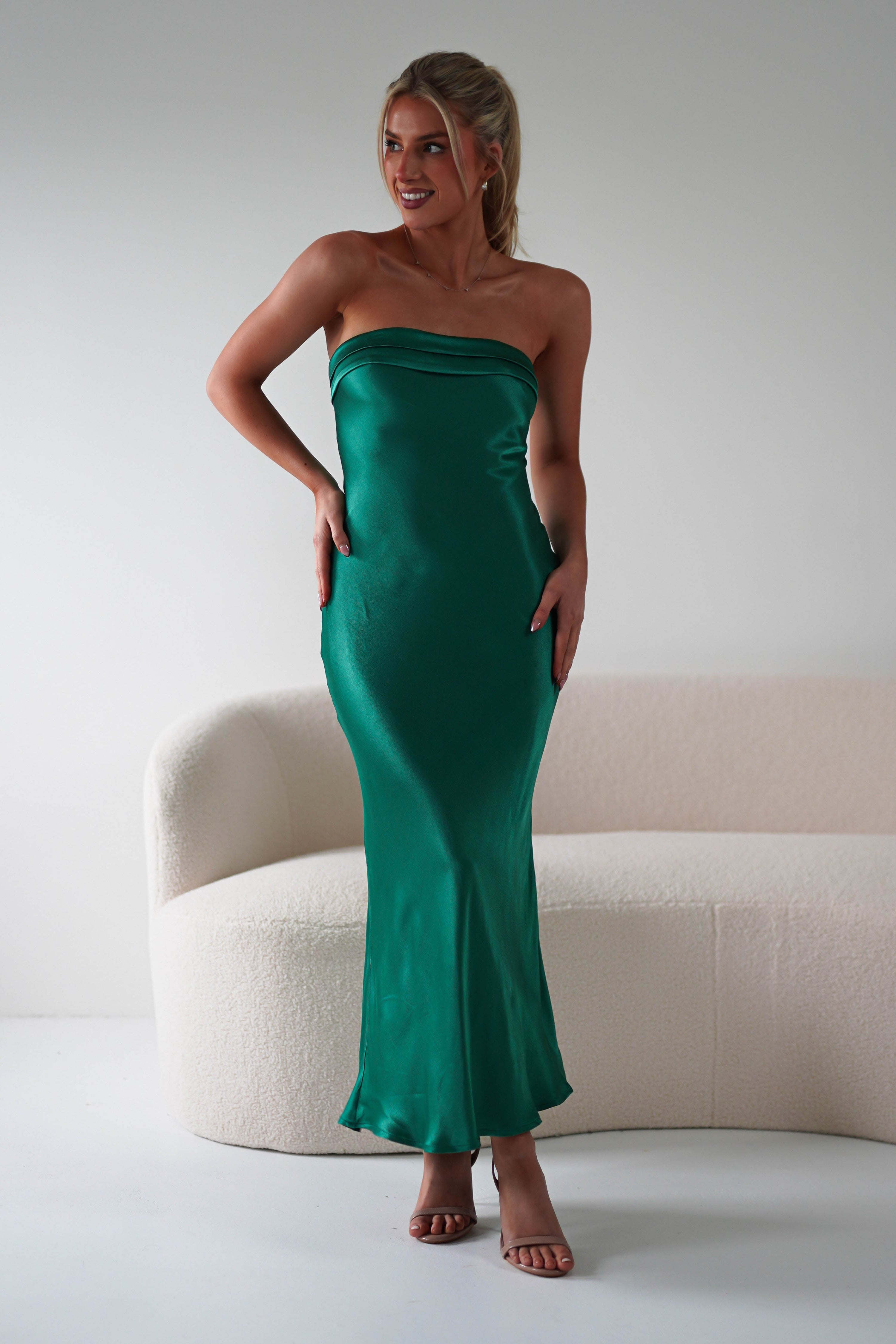 Emerald Aura Satin Slip Midi Dress main image 1