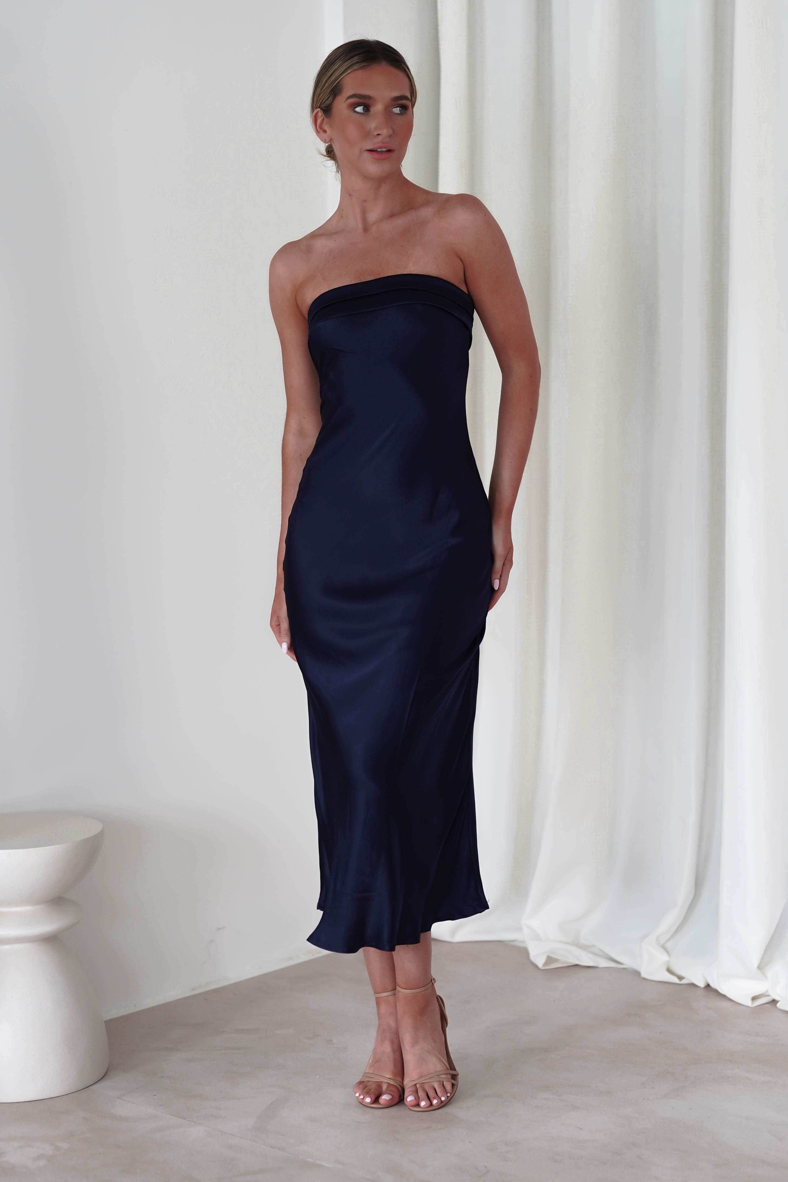 Lucia Soft Satin Slip Midi Dress | Navy