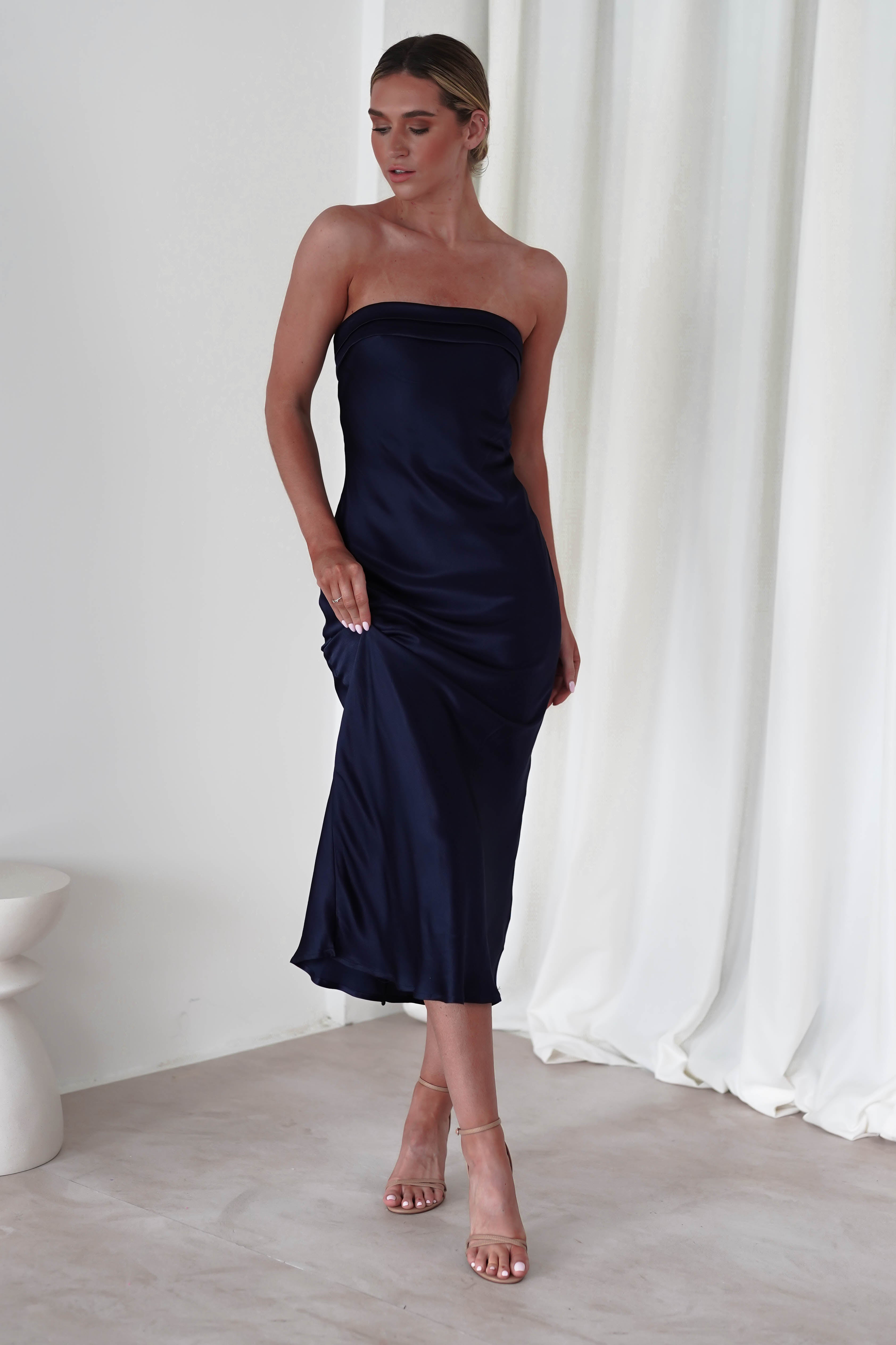 Lucia Soft Satin Slip Midi Dress | Navy