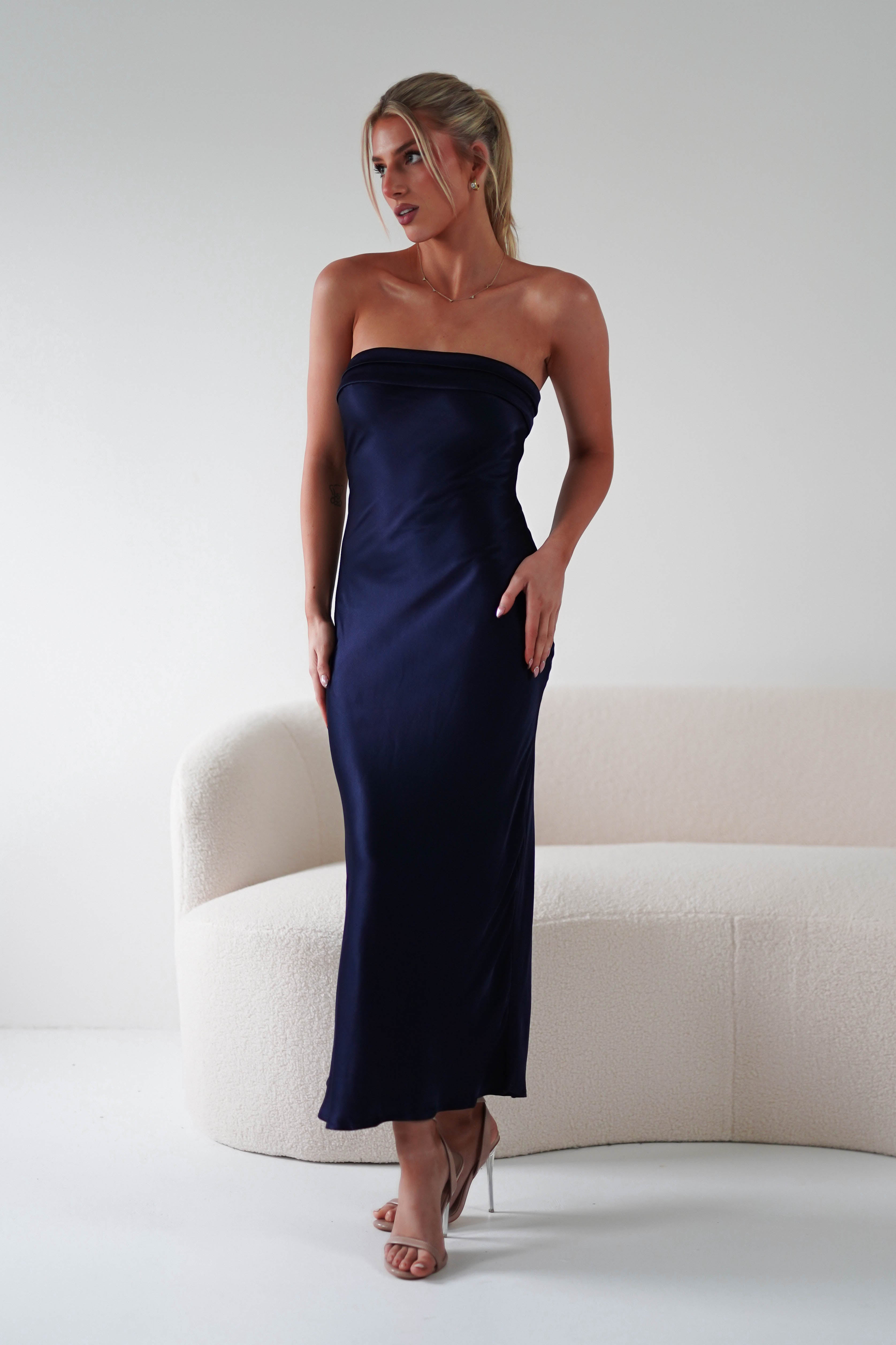 Lucia Soft Satin Slip Midi Dress | Navy