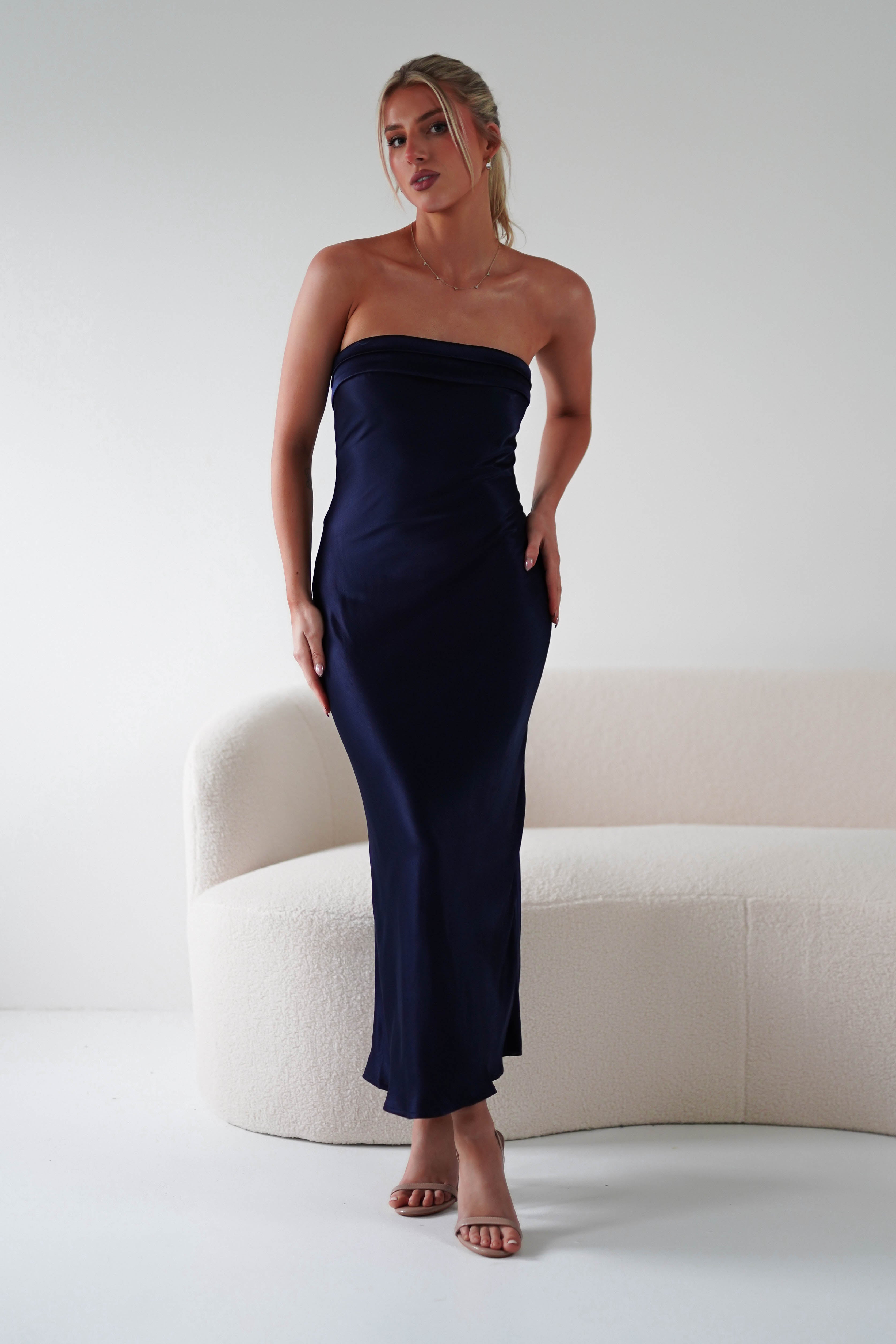 Lucia Soft Satin Slip Midi Dress | Navy