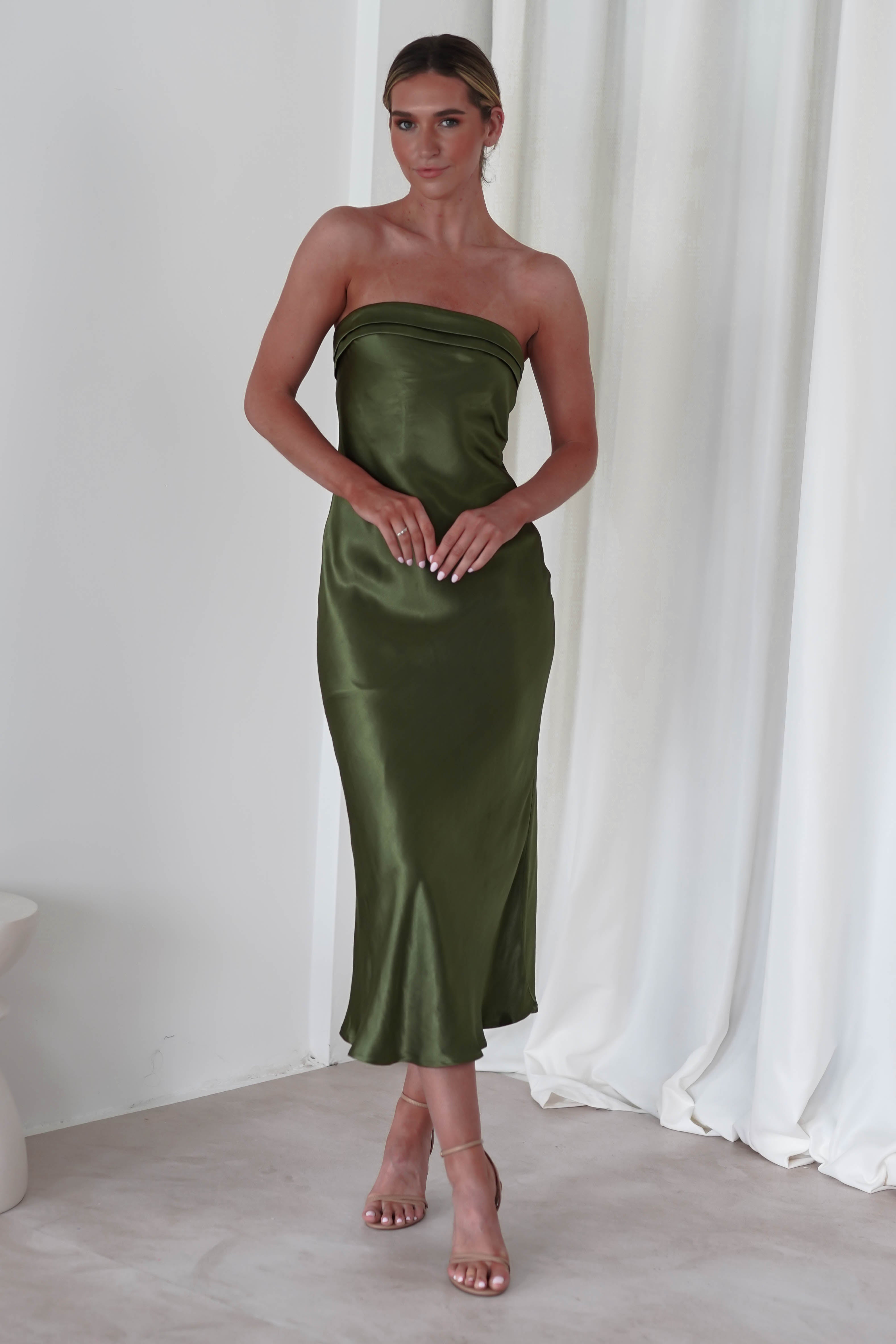 Lucia Soft Satin Slip Midi Dress | Olive