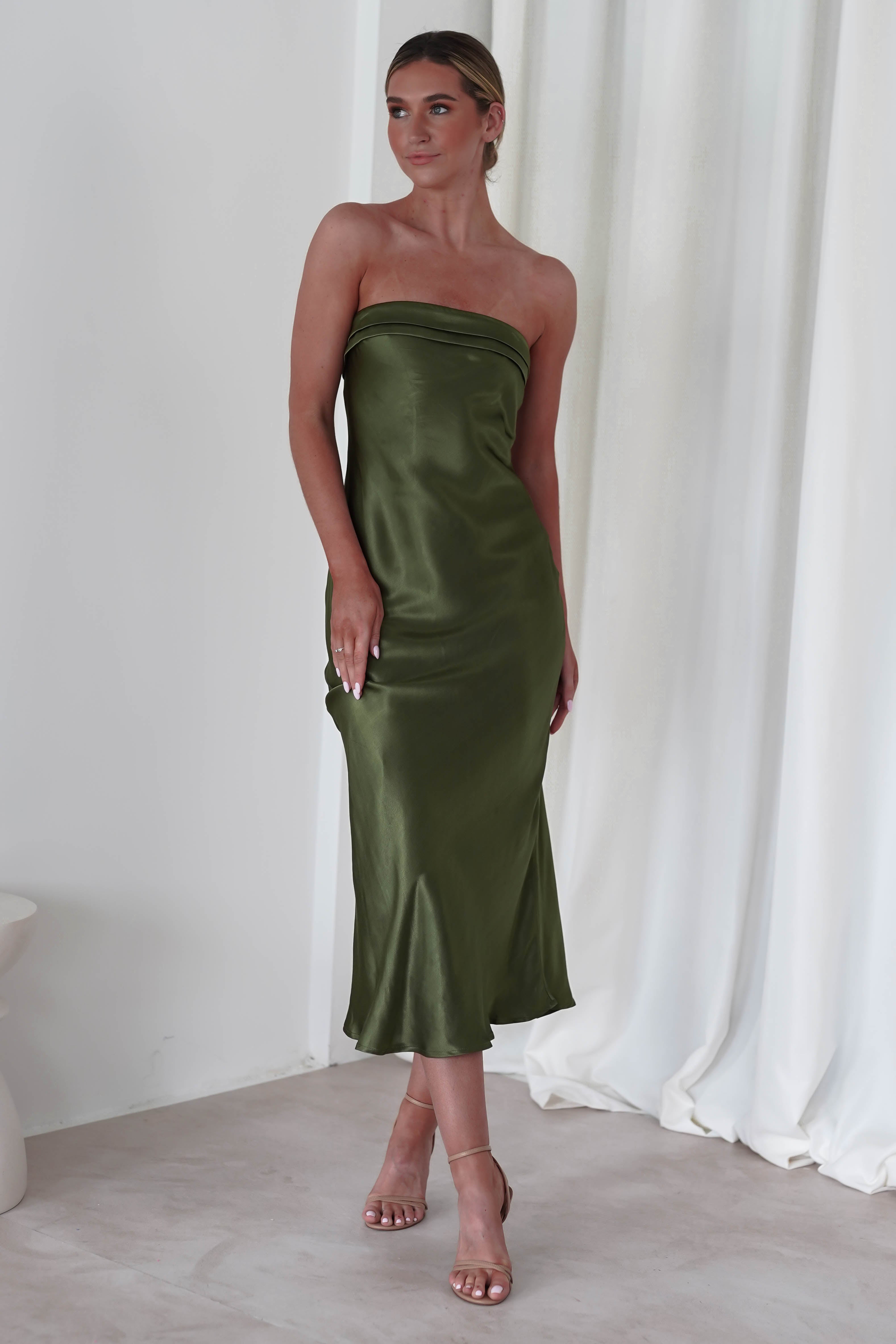 Lucia Soft Satin Slip Midi Dress | Olive