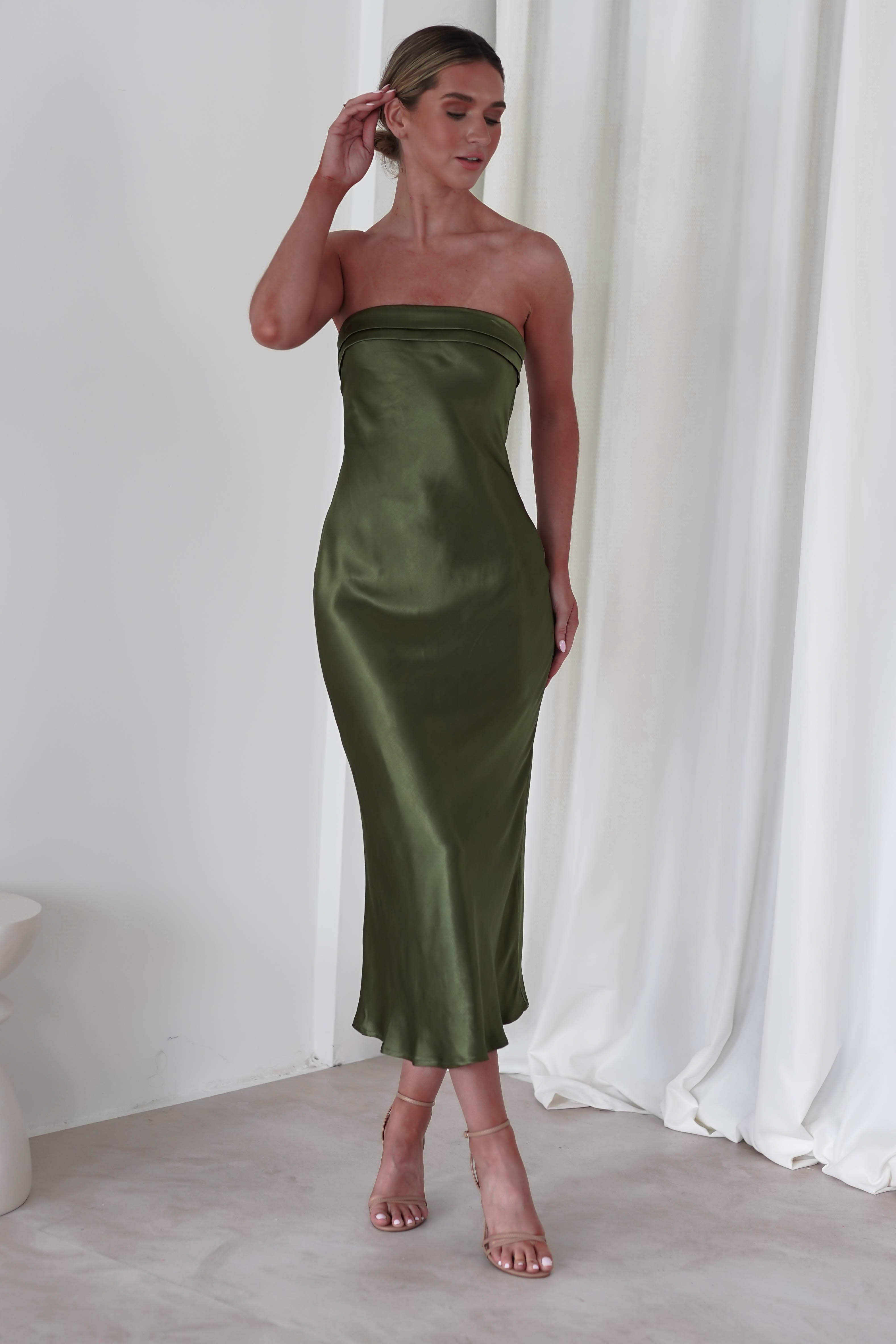 Lucia Soft Satin Slip Midi Dress | Olive