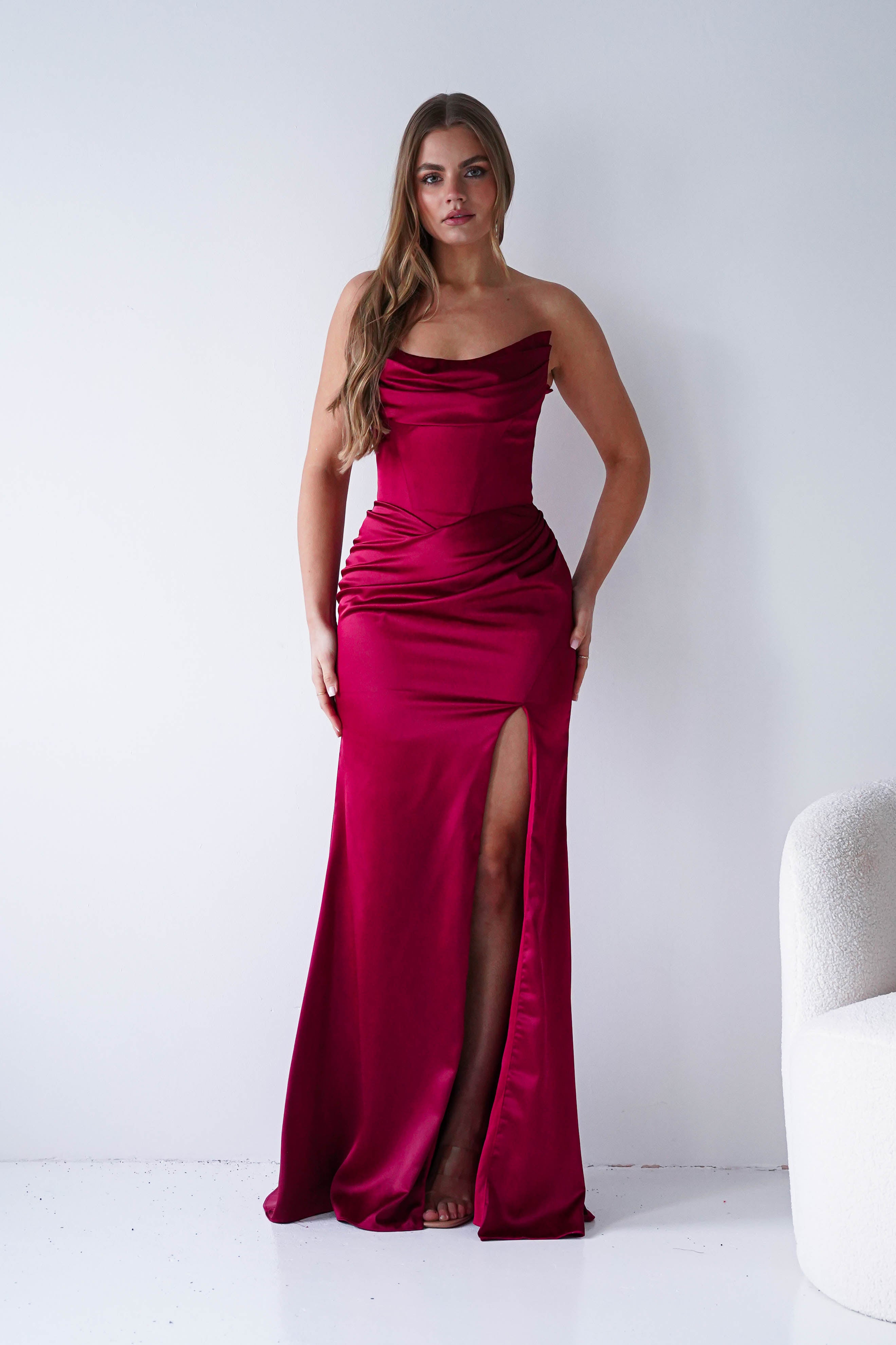 Oh Hello Clothing Dresses > Prom Dresses Lucienne Satin Strapless Maxi Dress | Deep Red