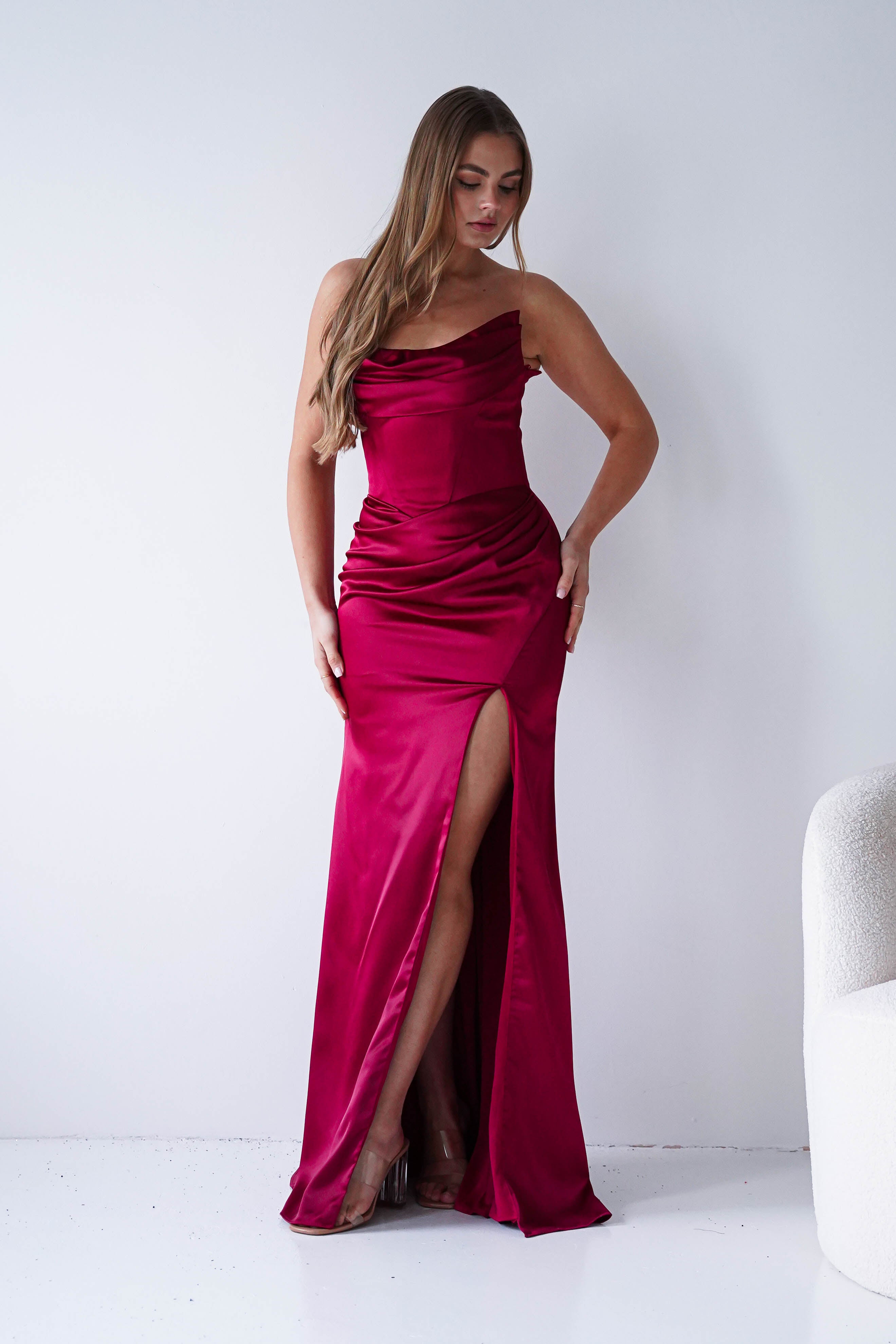 Oh Hello Clothing Dresses > Prom Dresses Lucienne Satin Strapless Maxi Dress | Deep Red