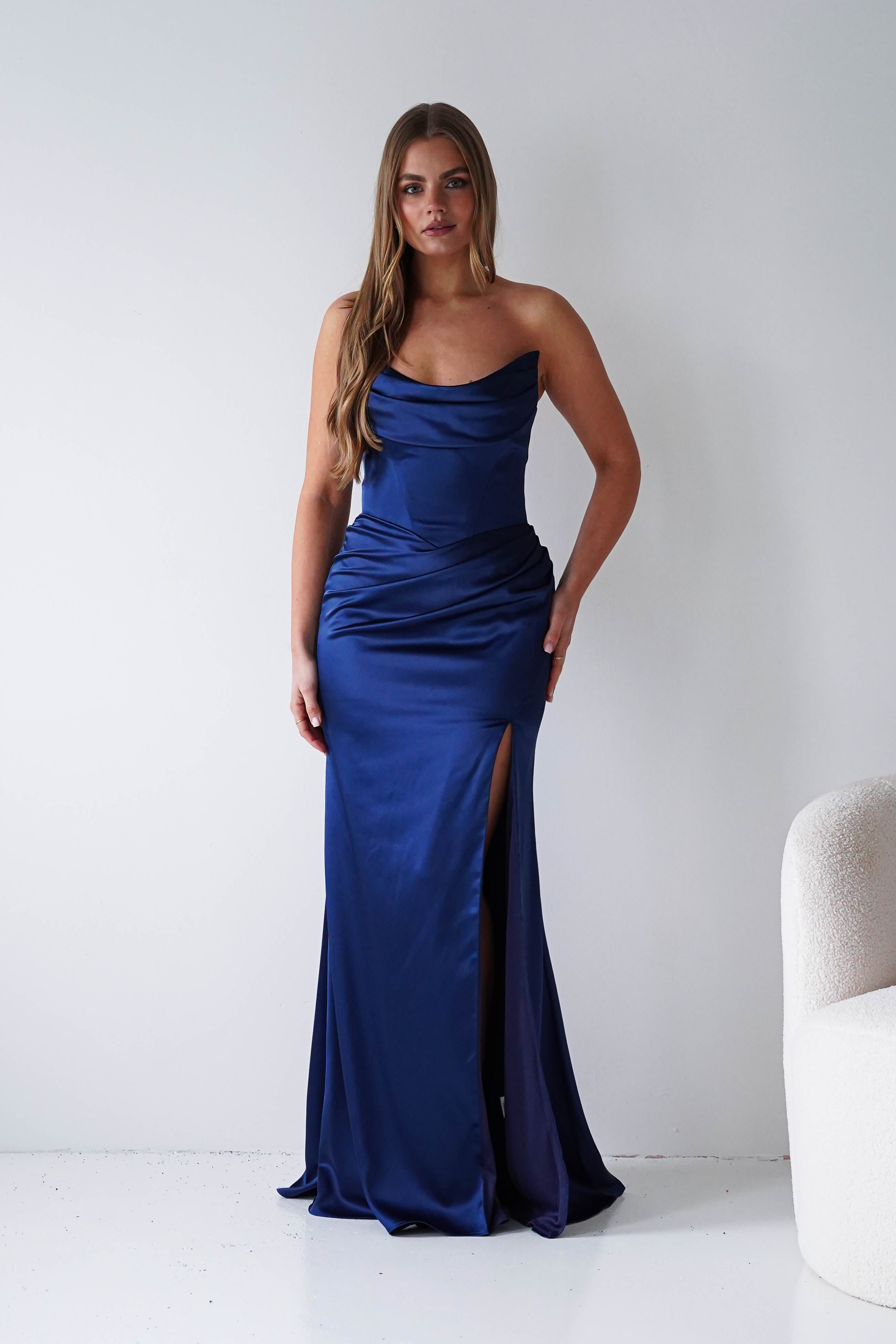 Oh Hello Clothing Dresses > Prom Dresses Lucienne Satin Strapless Maxi Dress | Navy