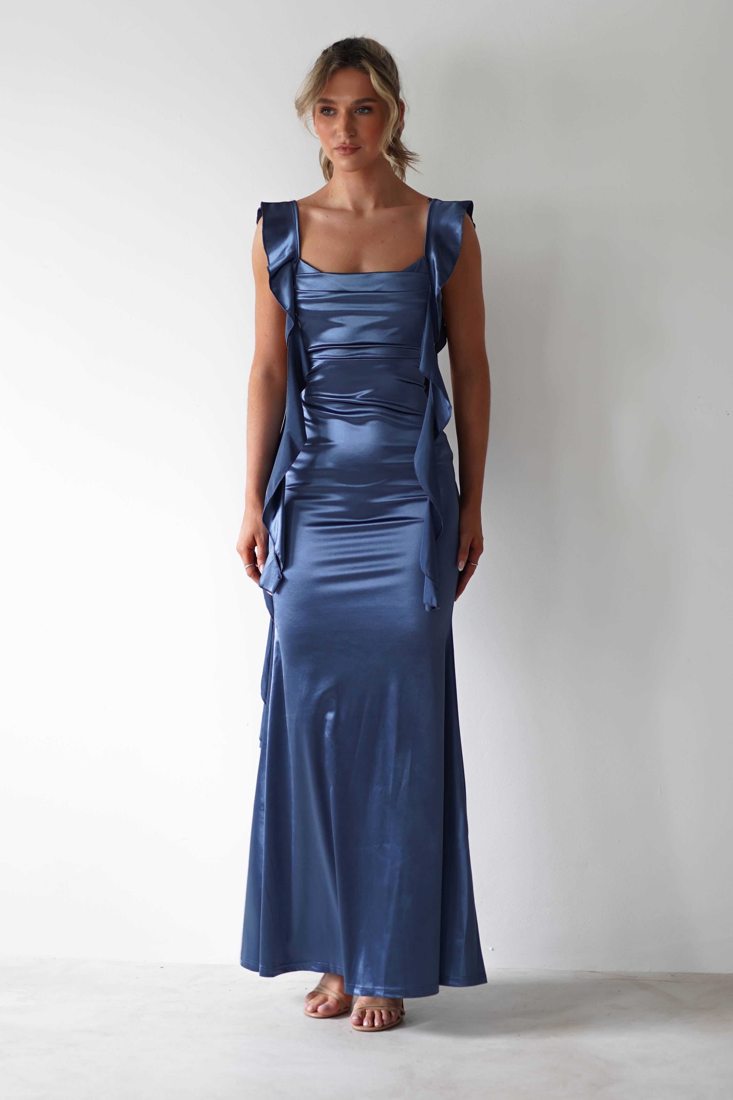 Mabel Satin Bodycon Maxi Dress | Blue