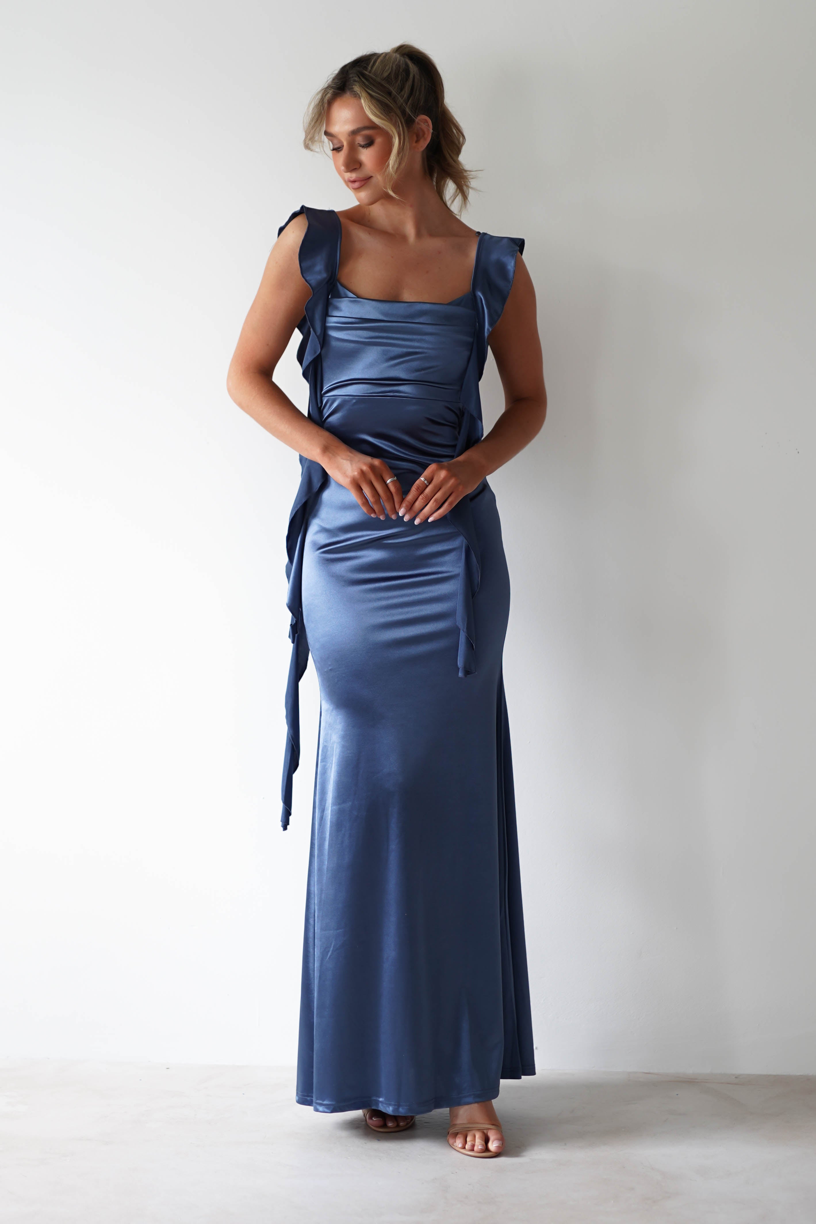 Mabel Satin Bodycon Maxi Dress | Blue