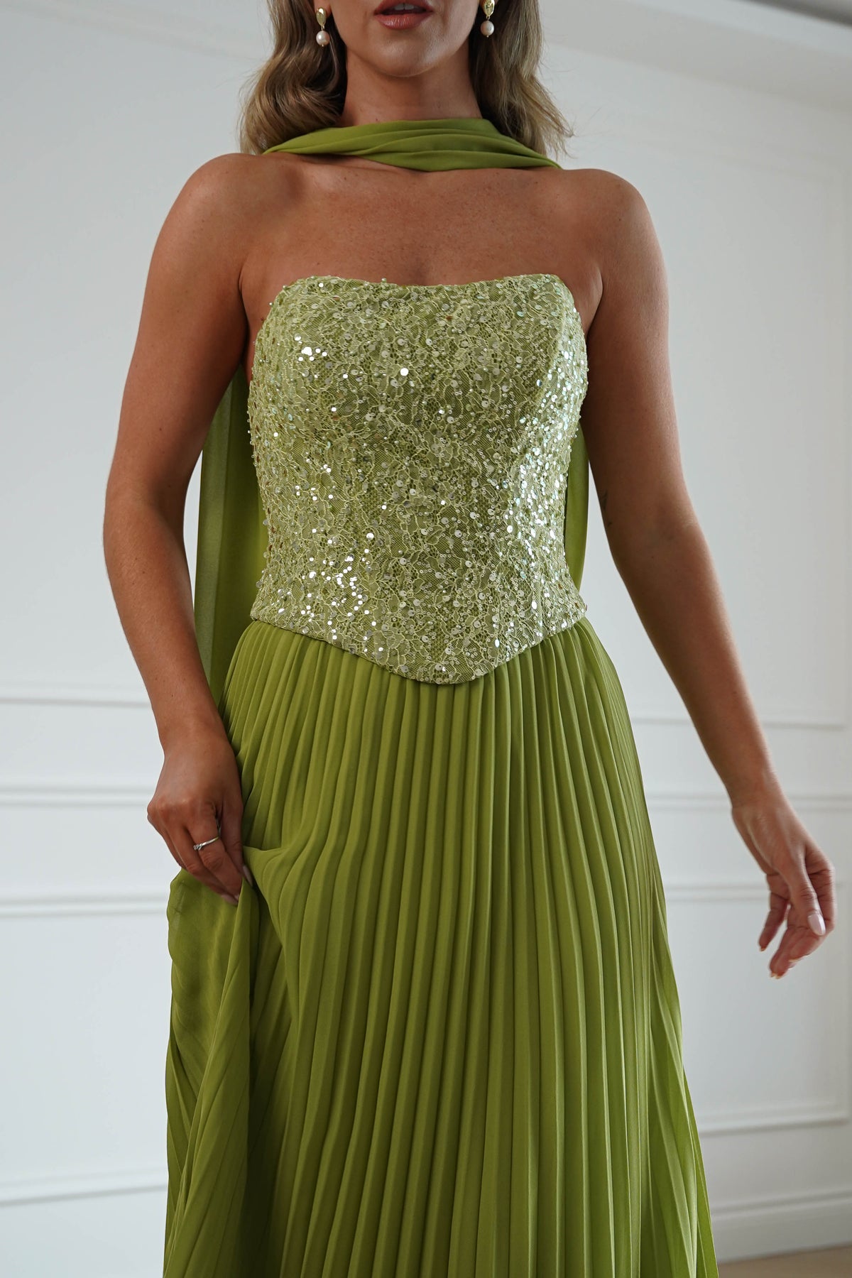 Oh Hello Clothing Women > Clothing > Dresses Madelyn Strapless Pleated Maxi Dress | Lime