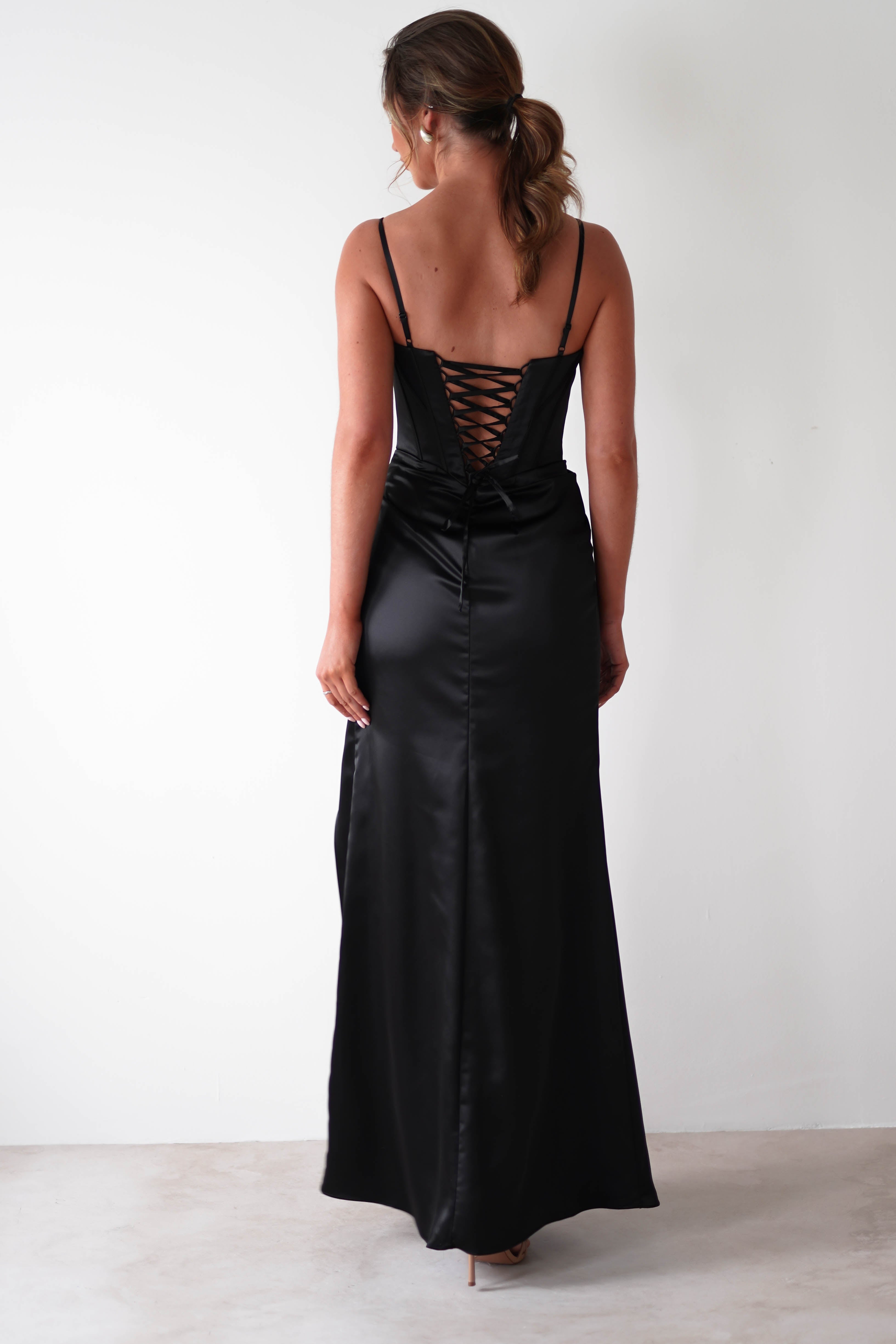 Maja Satin Corset Gown | Black