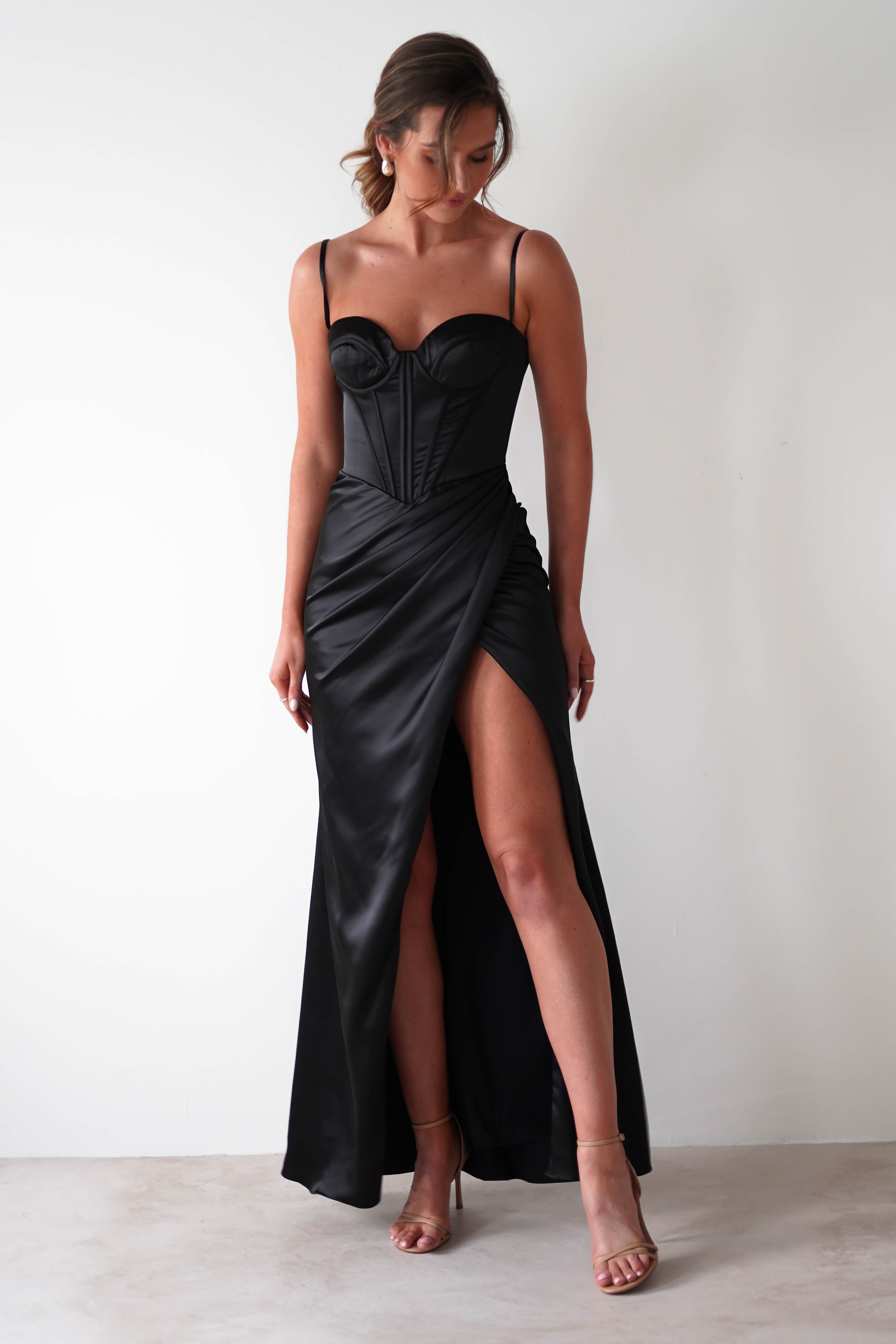 Maja Satin Corset Gown | Black