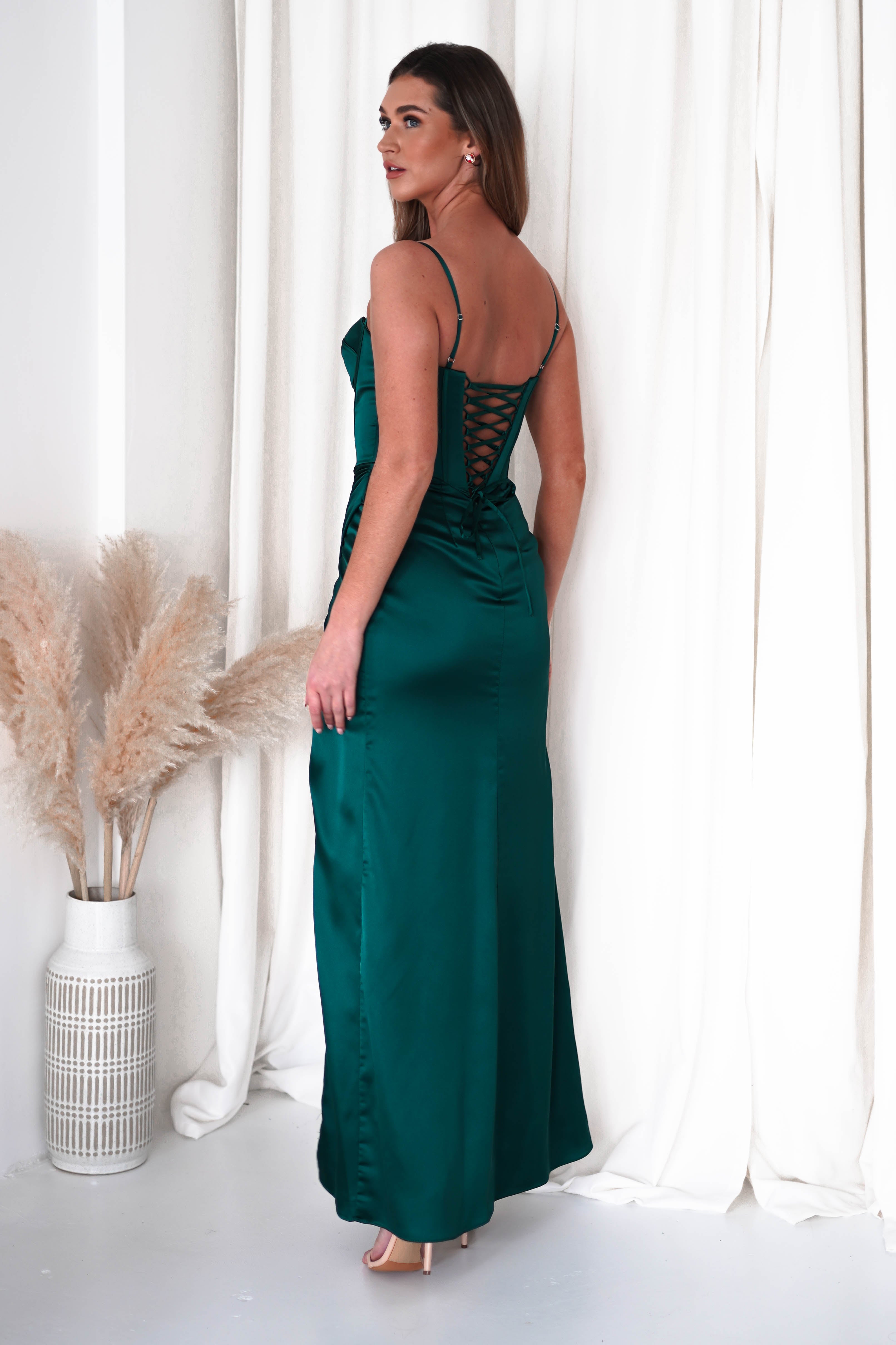 Maja Satin Corset Gown | Emerald Green