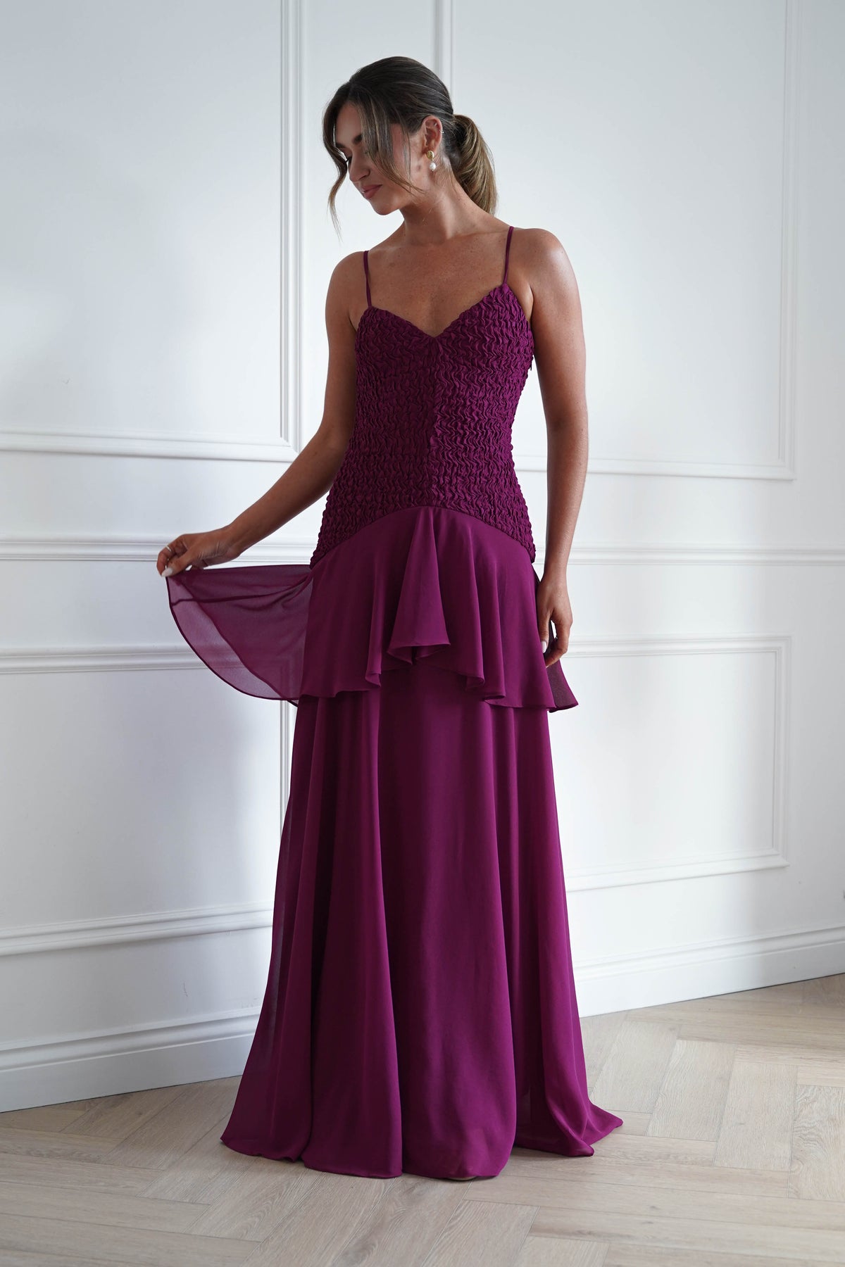 Oh Hello Clothing Women > Clothing > Dresses * MANIJU | MF23329 | Berry Textured Ruffle Maxi Dress