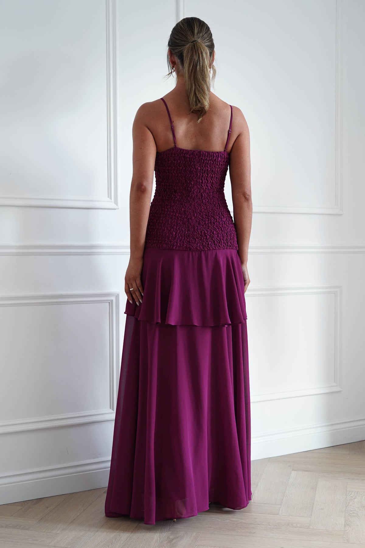 Oh Hello Clothing Women > Clothing > Dresses * MANIJU | MF23329 | Berry Textured Ruffle Maxi Dress