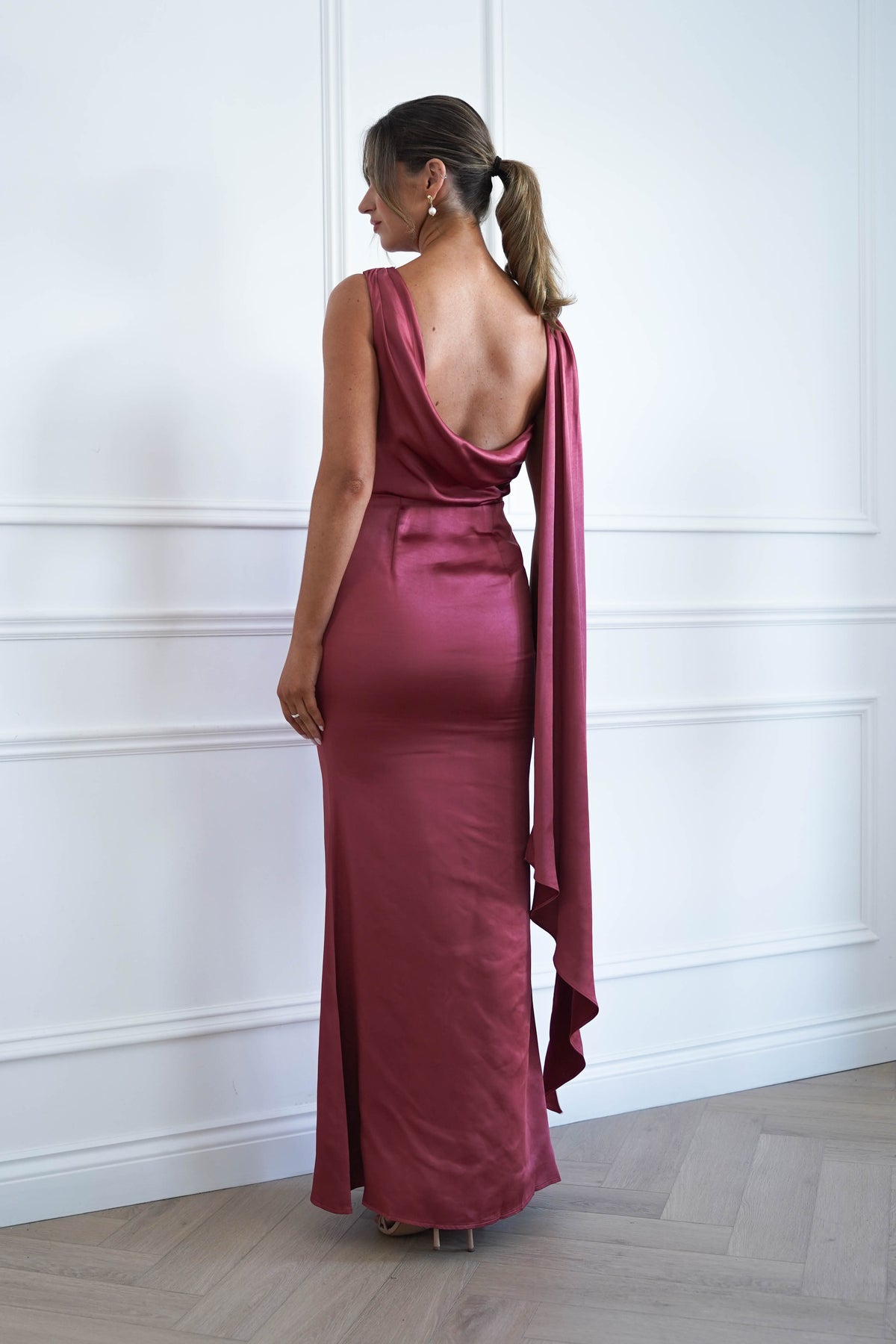 Oh Hello Clothing Women > Clothing > Dresses * MANIJU | MF25178 | MARSALA Satin Drape Maxi Dress