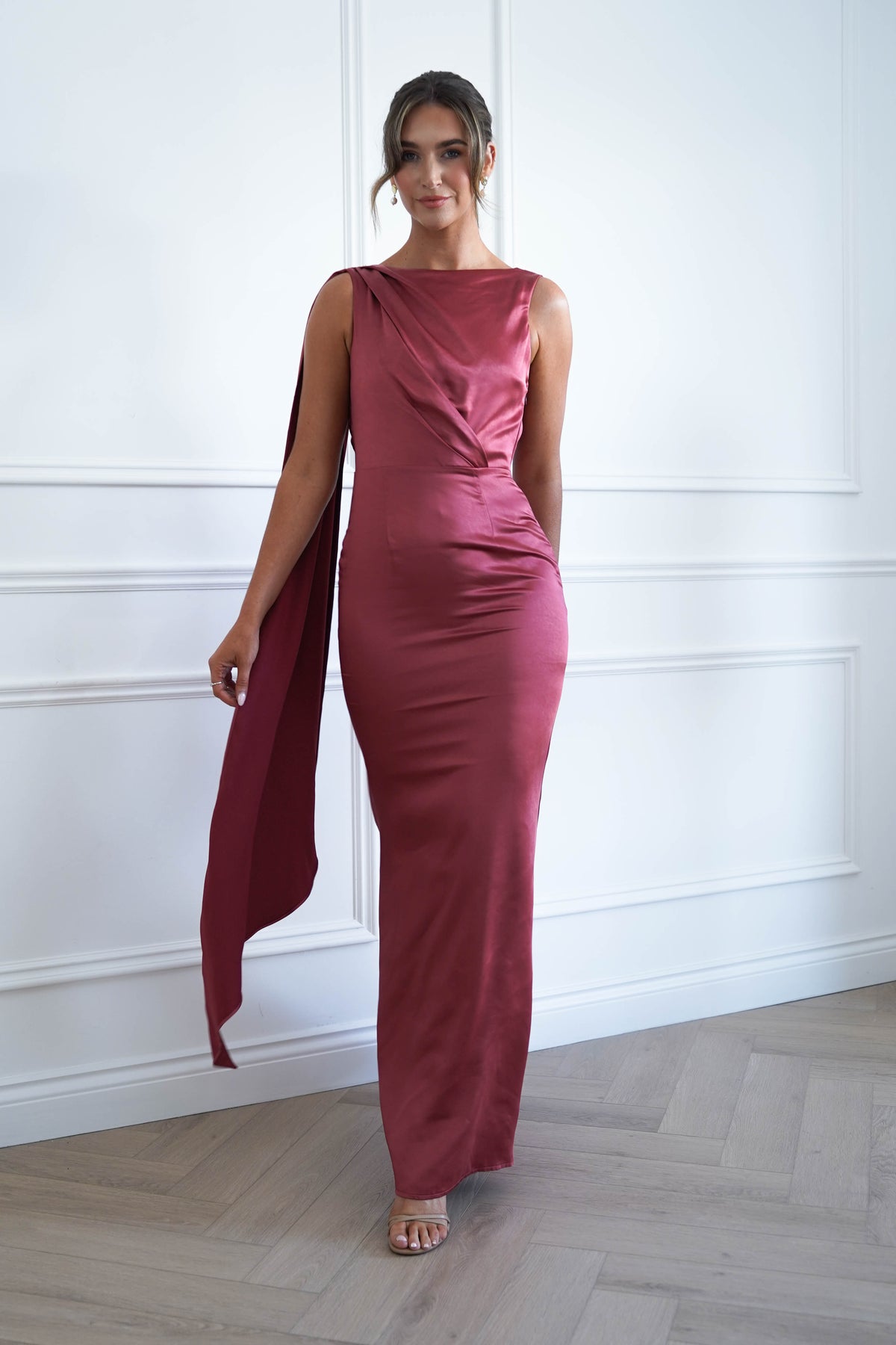 Oh Hello Clothing Women > Clothing > Dresses * MANIJU | MF25178 | MARSALA Satin Drape Maxi Dress