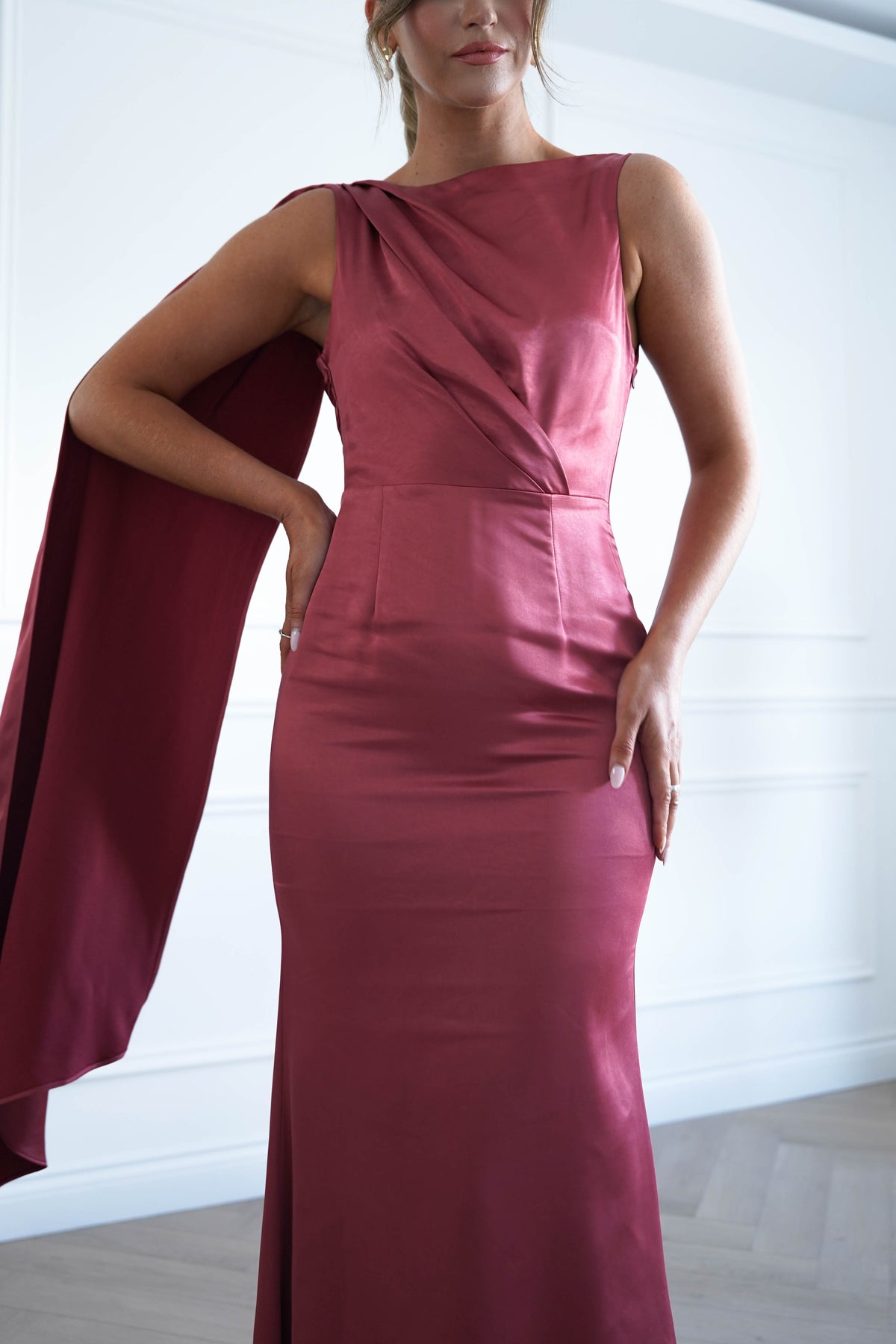 Oh Hello Clothing Women > Clothing > Dresses * MANIJU | MF25178 | MARSALA Satin Drape Maxi Dress
