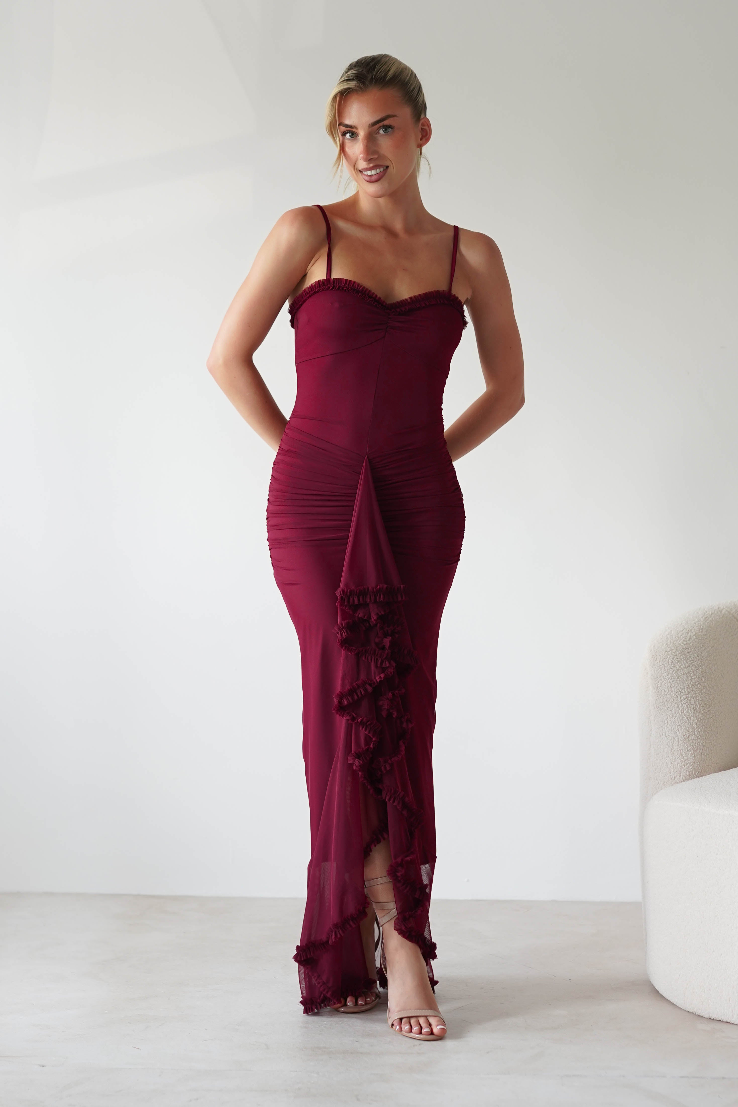 Manuella Mesh Bodycon Midaxi Dress | Burgundy | Oh Hello Clothing | XS (6)