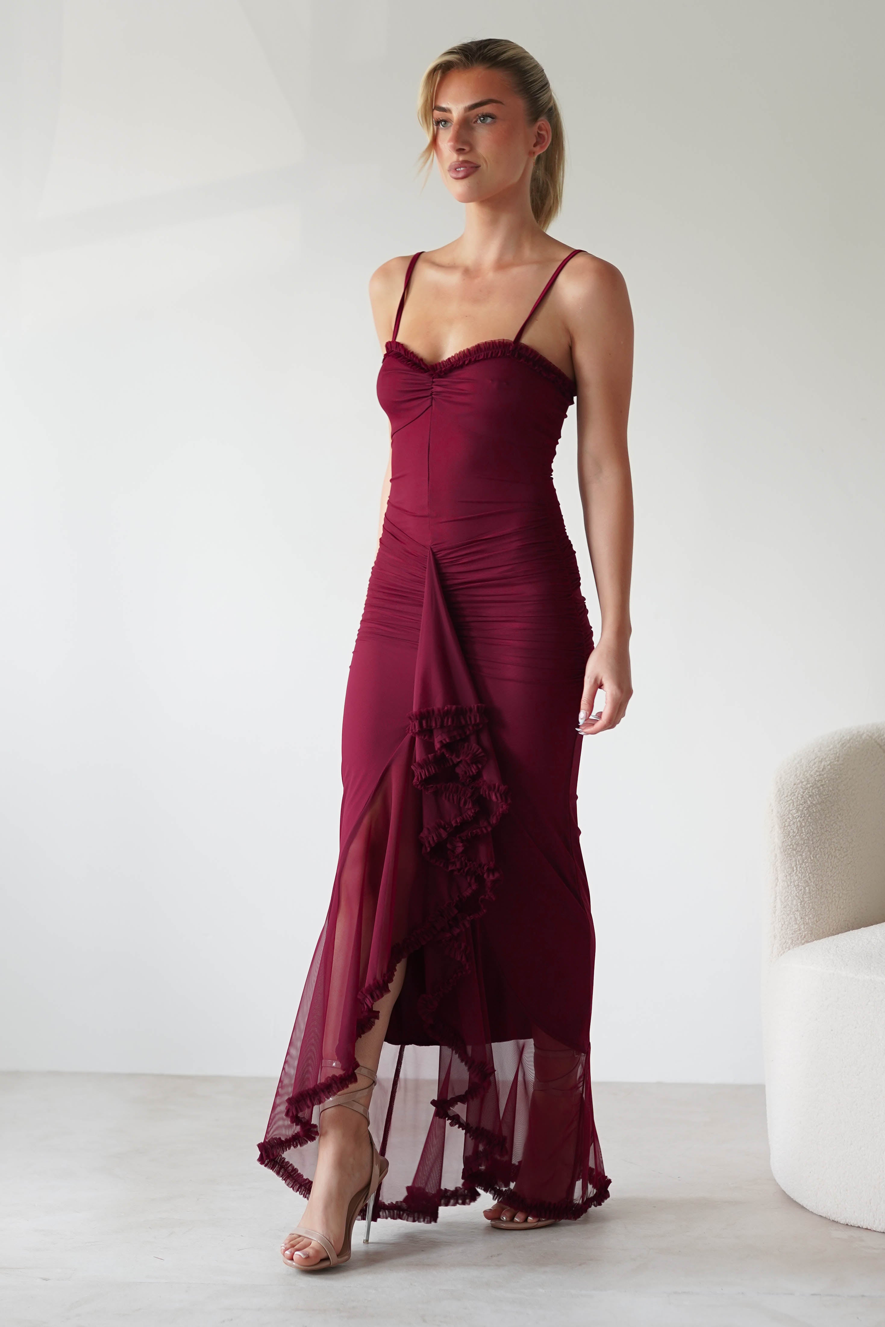 Manuella Mesh Bodycon Midaxi Dress | Burgundy | Oh Hello Clothing | XS (6)