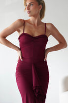 Manuella Mesh Bodycon Midaxi Dress Burgundy | Wedding Guest Dress | Bodycon | Mesh | Oh Hello Clothing