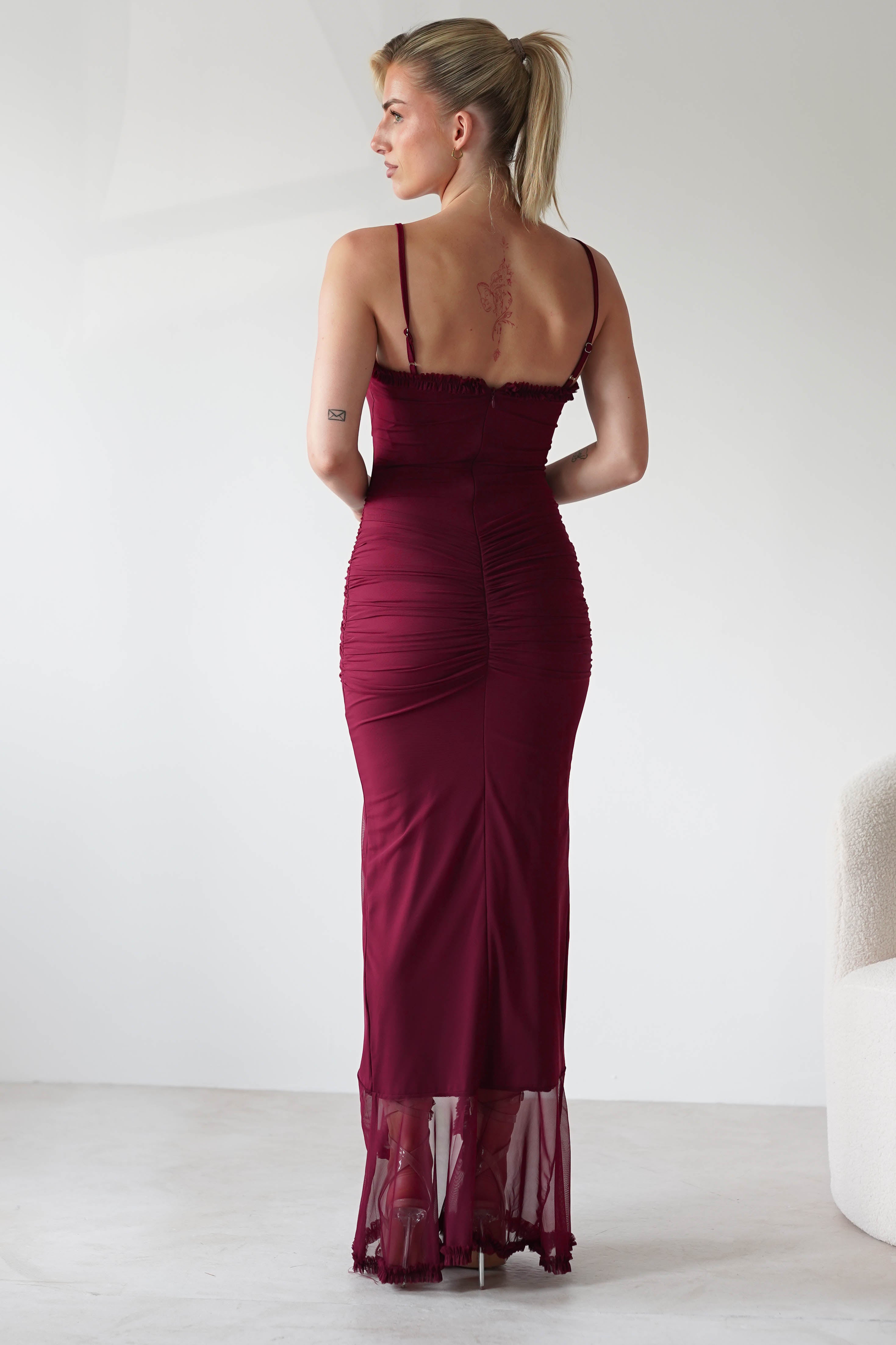 Manuella Mesh Bodycon Midaxi Dress | Burgundy | Oh Hello Clothing | XS (6)