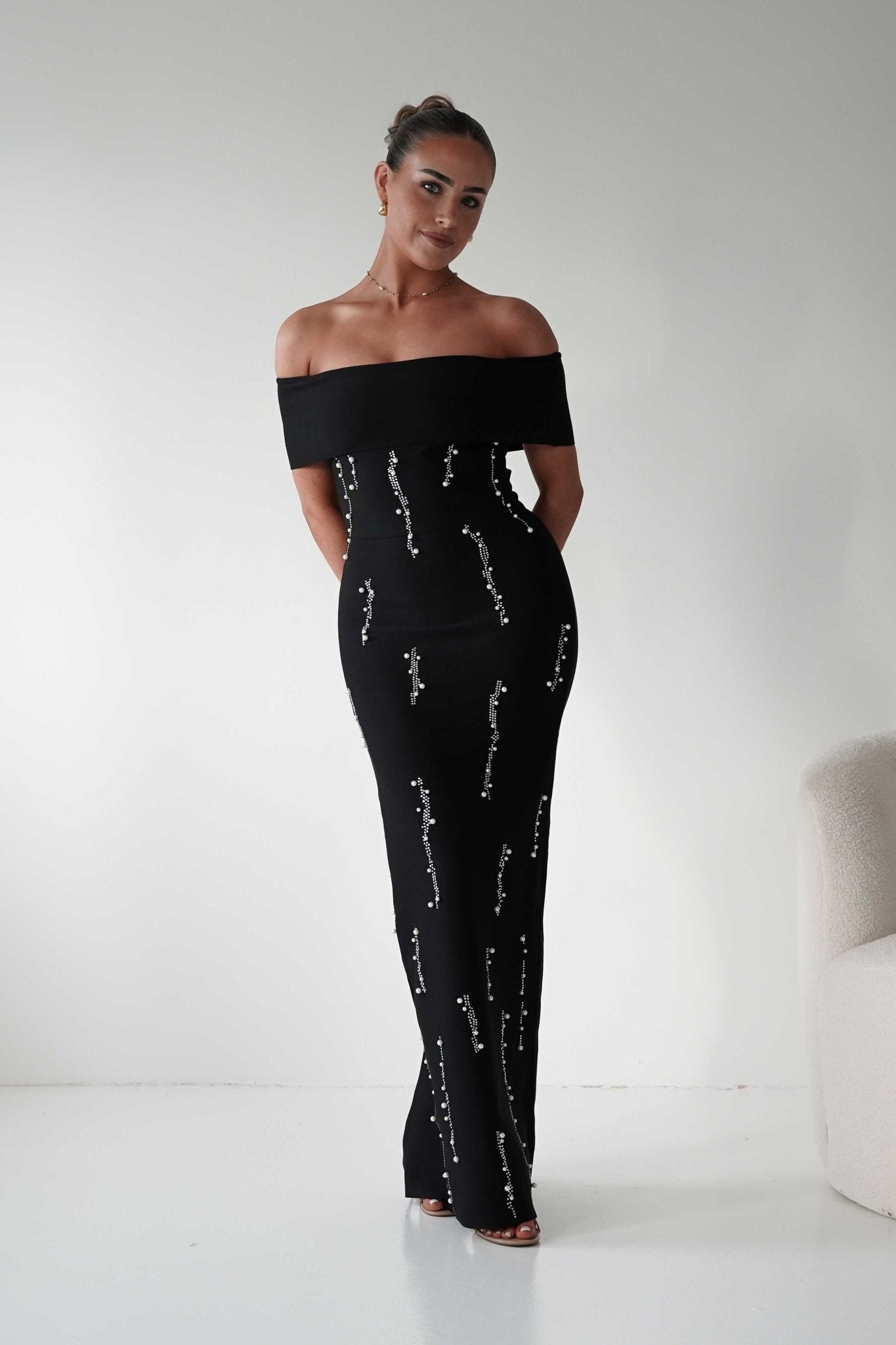 Oh Hello Clothing Dresses 1*DONE - F&P -605581- black off-shoulder midi dress with embellishment only on the front