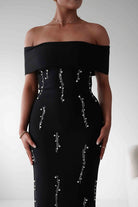 Oh Hello Clothing Dresses 1*DONE - F&P -605581- black off-shoulder midi dress with embellishment only on the front
