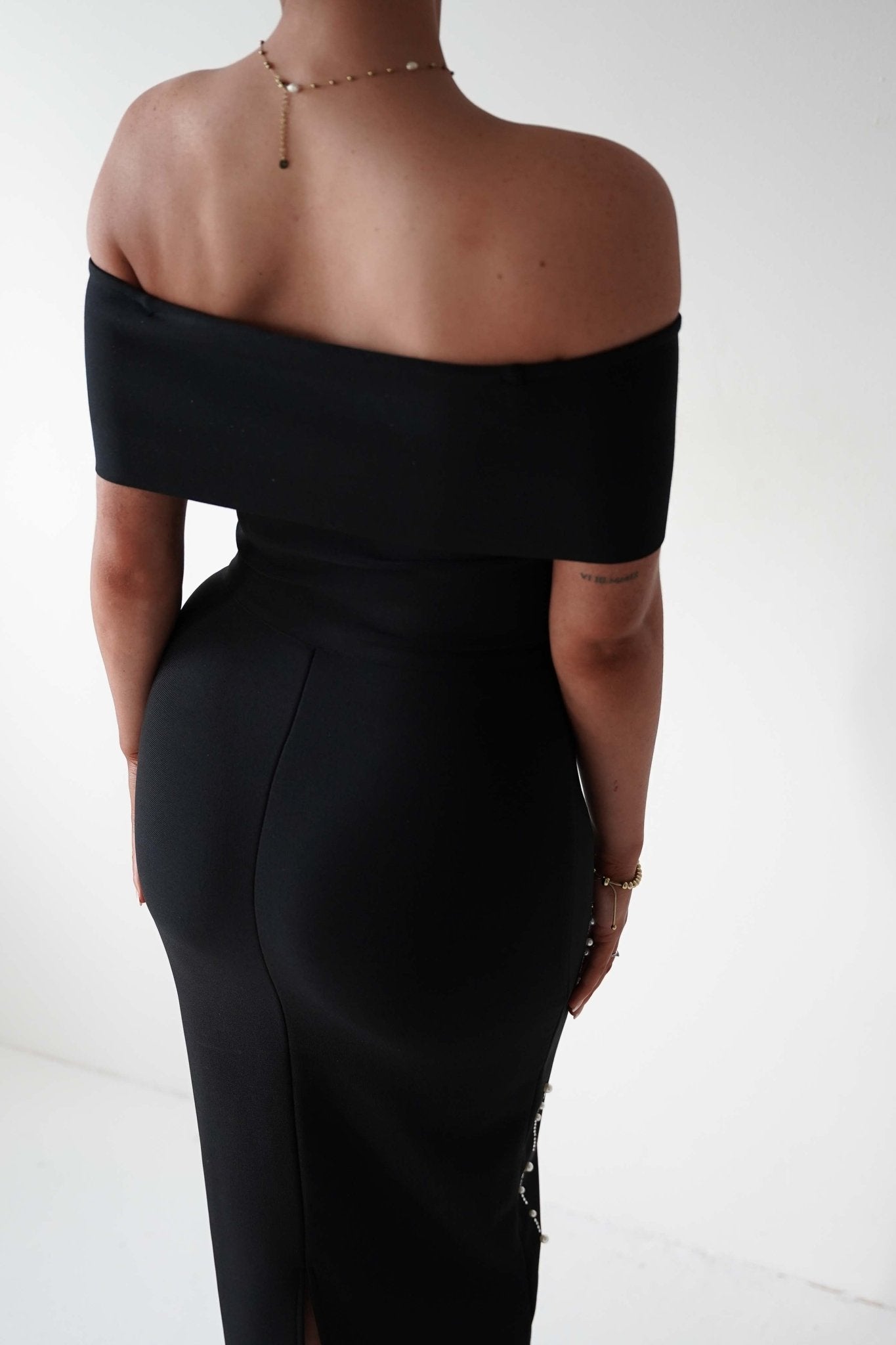 Oh Hello Clothing Dresses 1*DONE - F&P -605581- black off-shoulder midi dress with embellishment only on the front