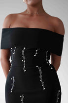 Oh Hello Clothing Dresses 1*DONE - F&P -605581- black off-shoulder midi dress with embellishment only on the front