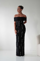 Oh Hello Clothing Dresses 1*DONE - F&P -605581- black off-shoulder midi dress with embellishment only on the front