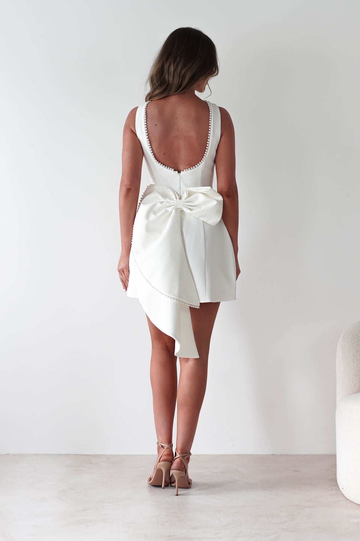 Maria Pearl Bow Detail Mini Dress | White | Graduation